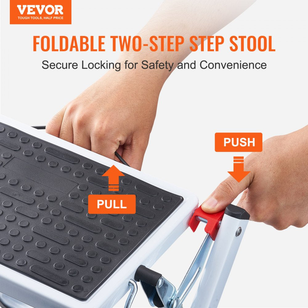VEVOR Step Ladder 2-Step 330lbs Capacity, Ergonomic Folding Steel Step Stool with Wide Anti-Slip Pedal, Sturdy Step Stool for Adults Toddlers, Multi-Use for Household, Kitchen, Office, RVs 