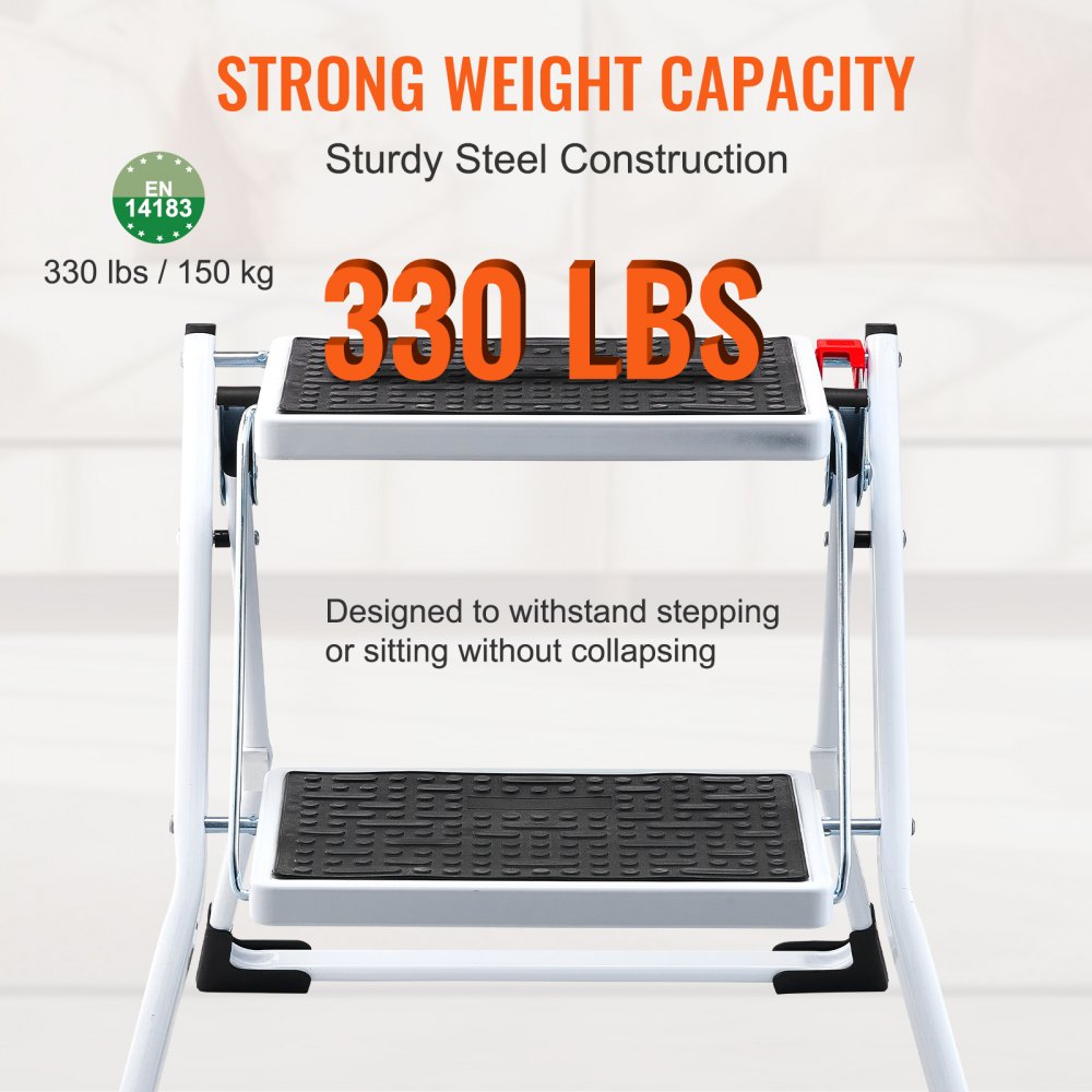 VEVOR Step Ladder 2-Step 330lbs Capacity, Ergonomic Folding Steel Step Stool with Wide Anti-Slip Pedal, Sturdy Step Stool for Adults Toddlers, Multi-Use for Household, Kitchen, Office, RVs 