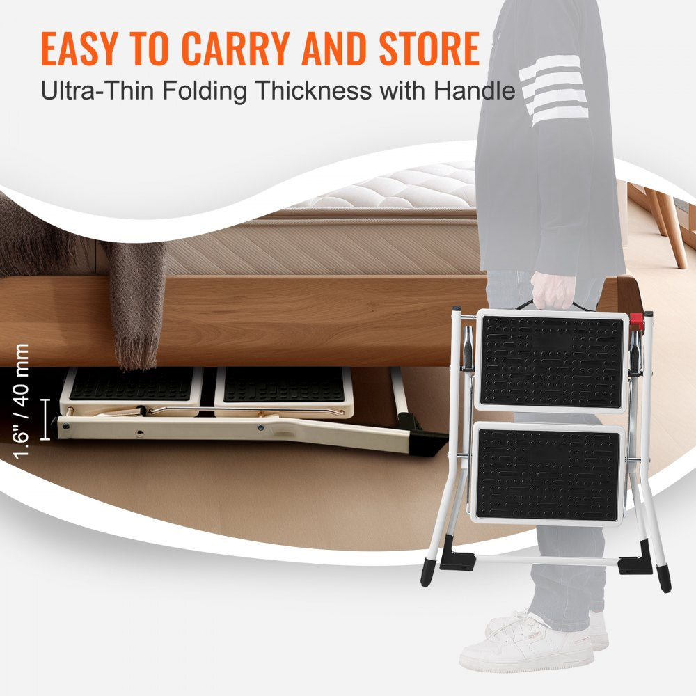 VEVOR Step Ladder 2-Step 330lbs Capacity, Ergonomic Folding Steel Step Stool with Wide Anti-Slip Pedal, Sturdy Step Stool for Adults Toddlers, Multi-Use for Household, Kitchen, Office, RVs 