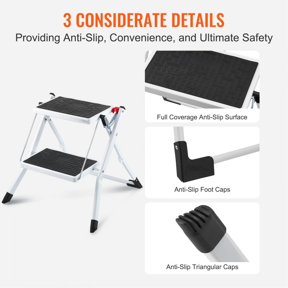 VEVOR Step Ladder 2-Step 330lbs Capacity, Ergonomic Folding Steel Step Stool with Wide Anti-Slip Pedal, Sturdy Step Stool for Adults Toddlers, Multi-Use for Household, Kitchen, Office, RVs 