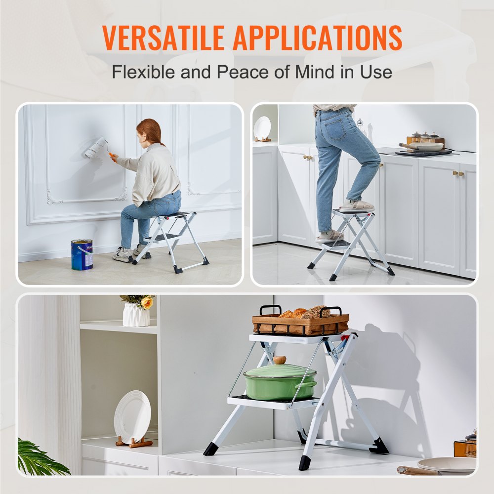 VEVOR Step Ladder 2-Step 330lbs Capacity, Ergonomic Folding Steel Step Stool with Wide Anti-Slip Pedal, Sturdy Step Stool for Adults Toddlers, Multi-Use for Household, Kitchen, Office, RVs 
