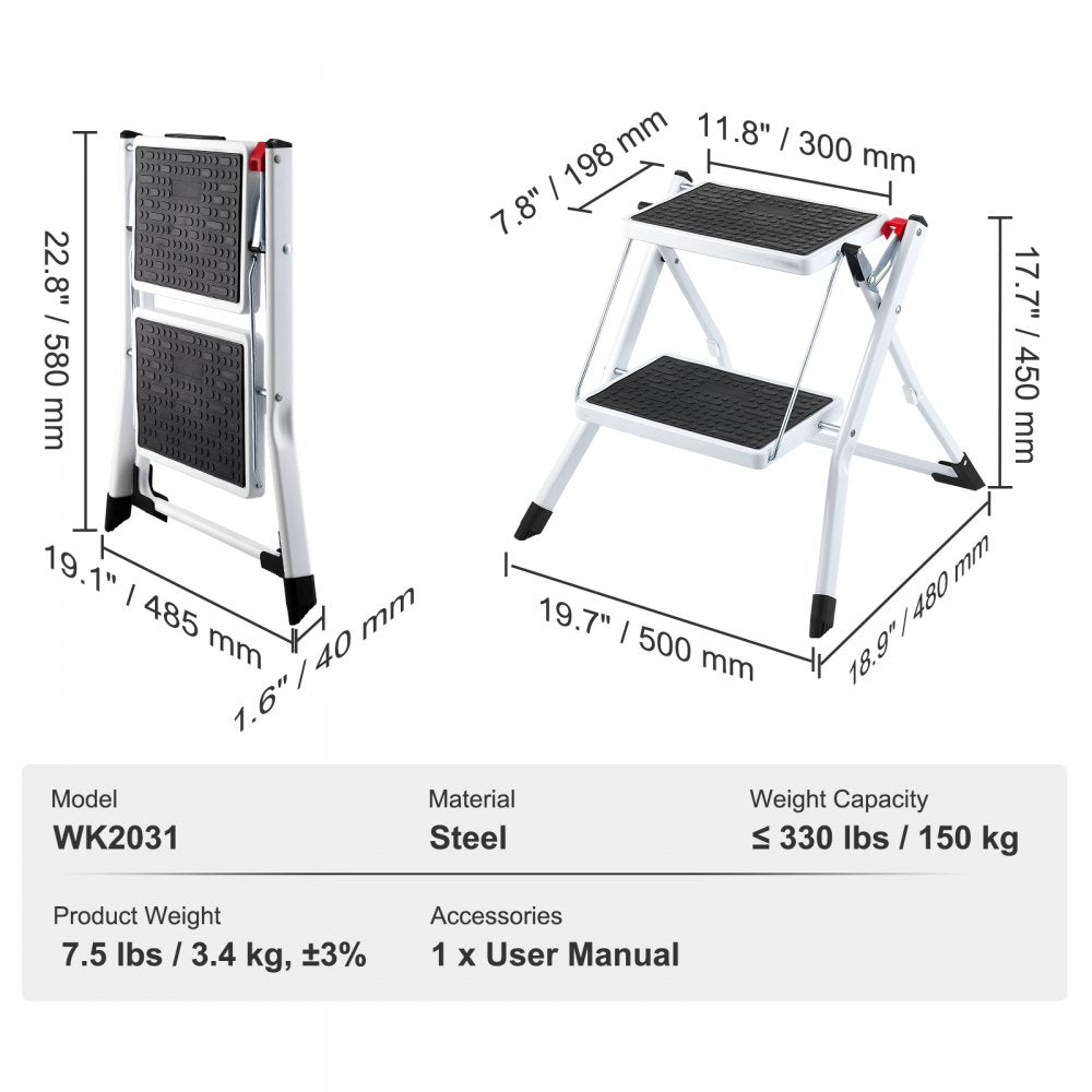 VEVOR Step Ladder 2-Step 330lbs Capacity, Ergonomic Folding Steel Step Stool with Wide Anti-Slip Pedal, Sturdy Step Stool for Adults Toddlers, Multi-Use for Household, Kitchen, Office, RVs 