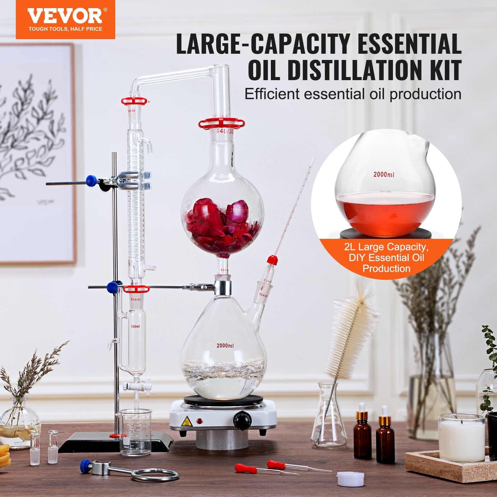 VEVOR Essential Oil Distillation Kit, 2000ml Distillation Apparatus, 3.3 Boro Lab Glassware Distillation Kit with 1000W Heating Plate and 24, 40 Joint, 28 pcs Set 