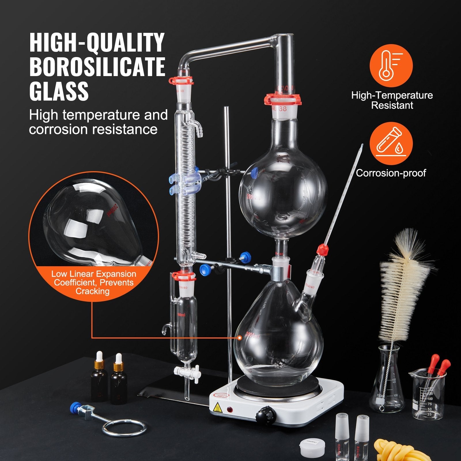 VEVOR Essential Oil Distillation Kit, 2000ml Distillation Apparatus, 3.3 Boro Lab Glassware Distillation Kit with 1000W Heating Plate and 24, 40 Joint, 28 pcs Set 