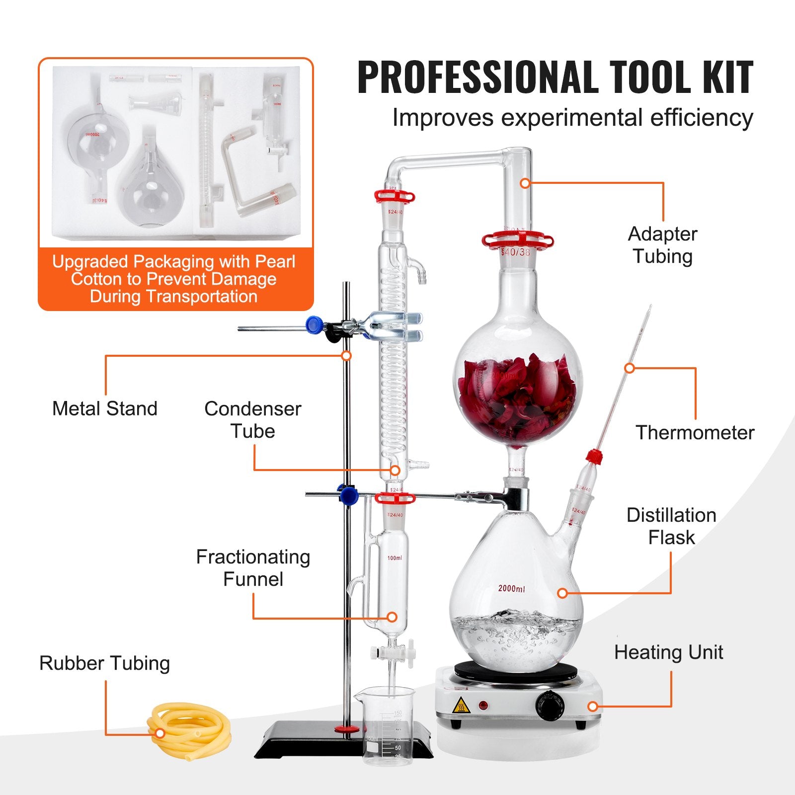 VEVOR Essential Oil Distillation Kit, 2000ml Distillation Apparatus, 3.3 Boro Lab Glassware Distillation Kit with 1000W Heating Plate and 24, 40 Joint, 28 pcs Set 