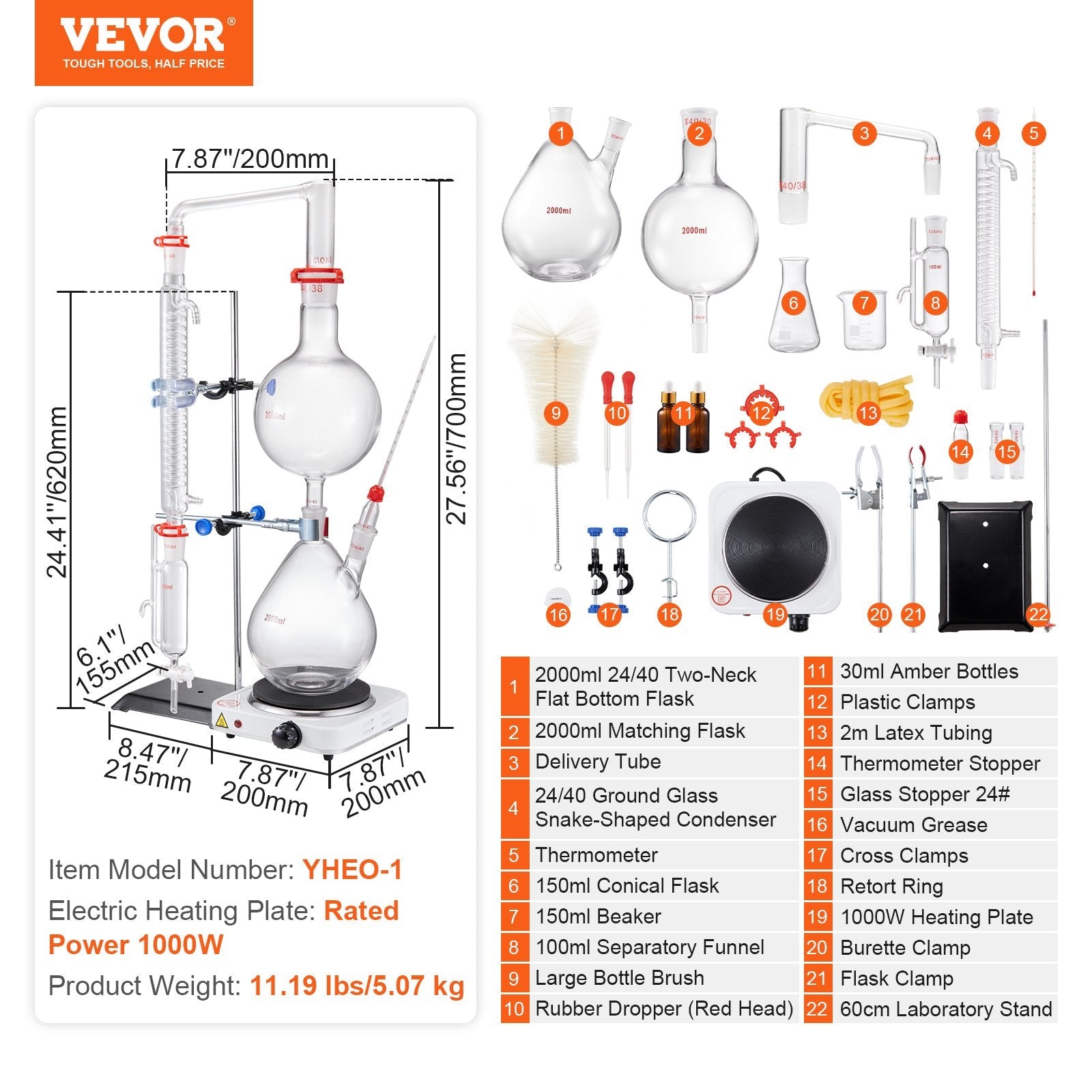 VEVOR Essential Oil Distillation Kit, 2000ml Distillation Apparatus, 3.3 Boro Lab Glassware Distillation Kit with 1000W Heating Plate and 24, 40 Joint, 28 pcs Set 