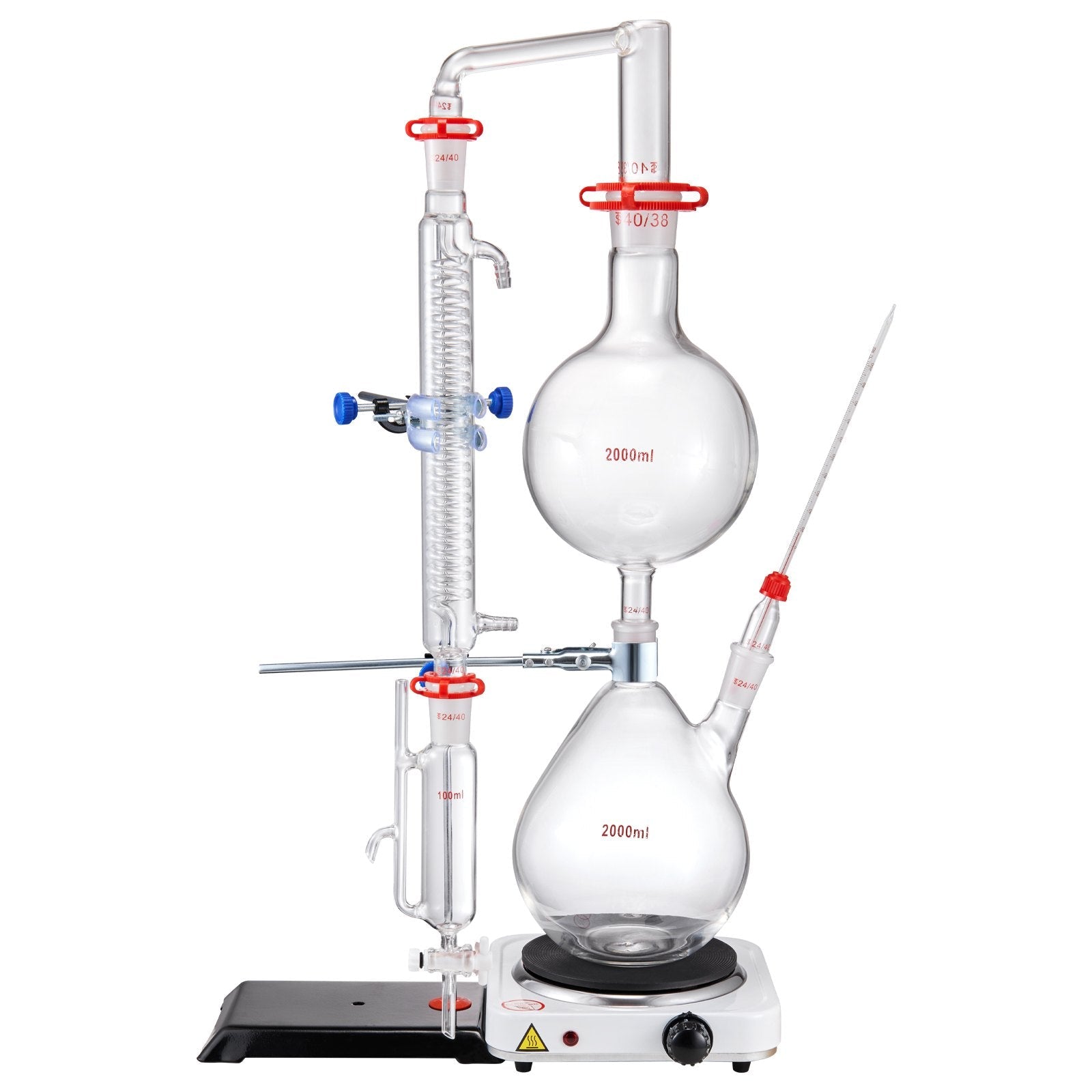 VEVOR Essential Oil Distillation Kit, 2000ml Distillation Apparatus, 3.3 Boro Lab Glassware Distillation Kit with 1000W Heating Plate and 24, 40 Joint, 28 pcs Set 