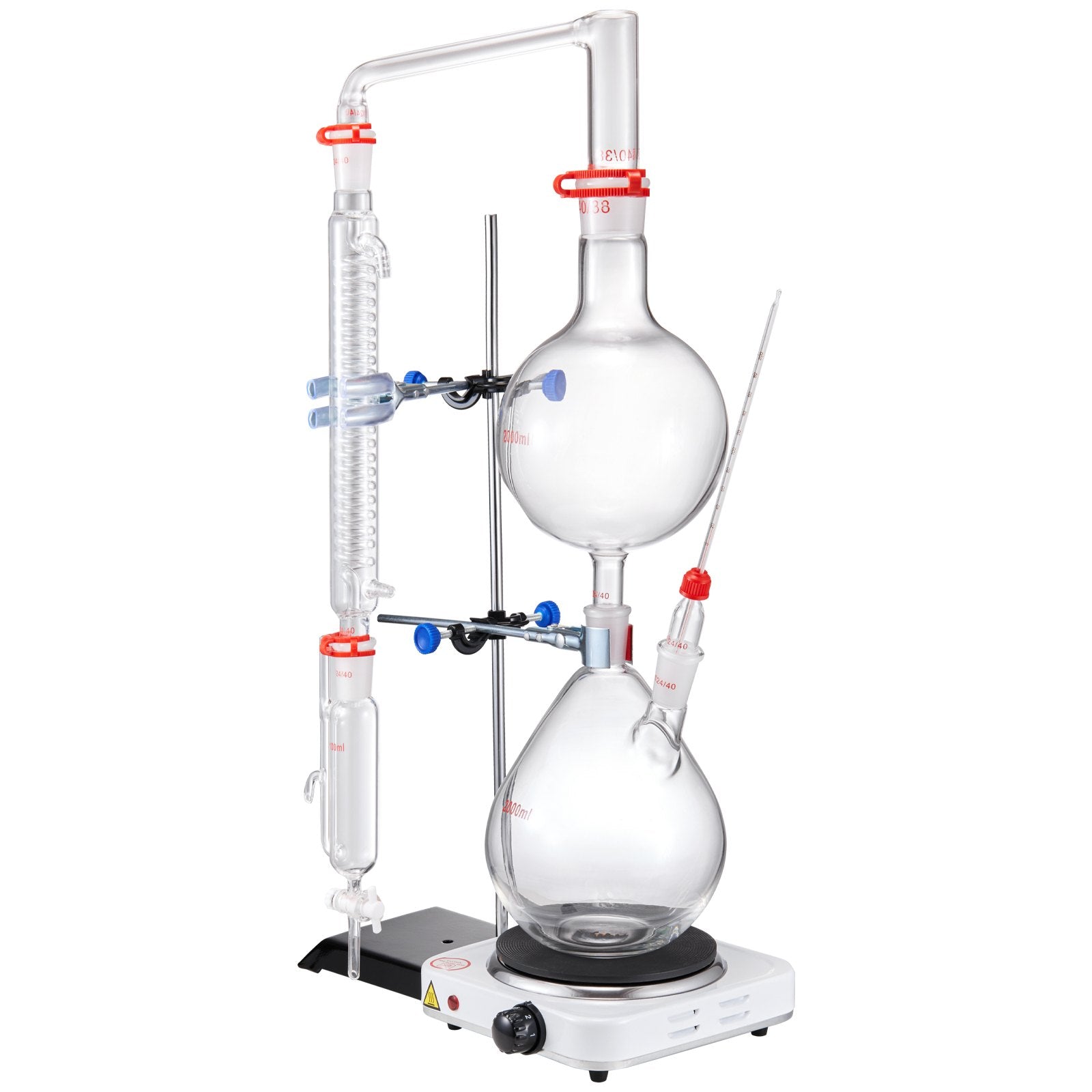 VEVOR Essential Oil Distillation Kit, 2000ml Distillation Apparatus, 3.3 Boro Lab Glassware Distillation Kit with 1000W Heating Plate and 24, 40 Joint, 28 pcs Set 