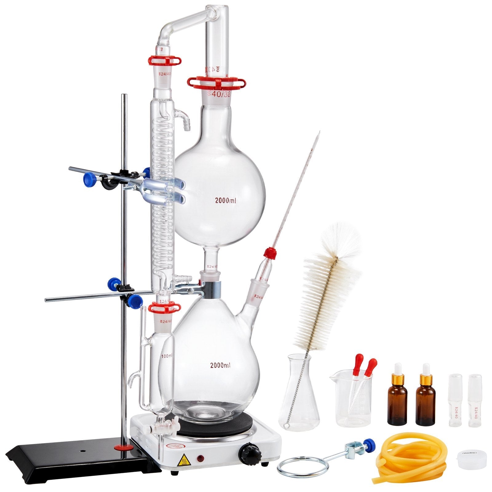 VEVOR Essential Oil Distillation Kit, 2000ml Distillation Apparatus, 3.3 Boro Lab Glassware Distillation Kit with 1000W Heating Plate and 24, 40 Joint, 28 pcs Set 