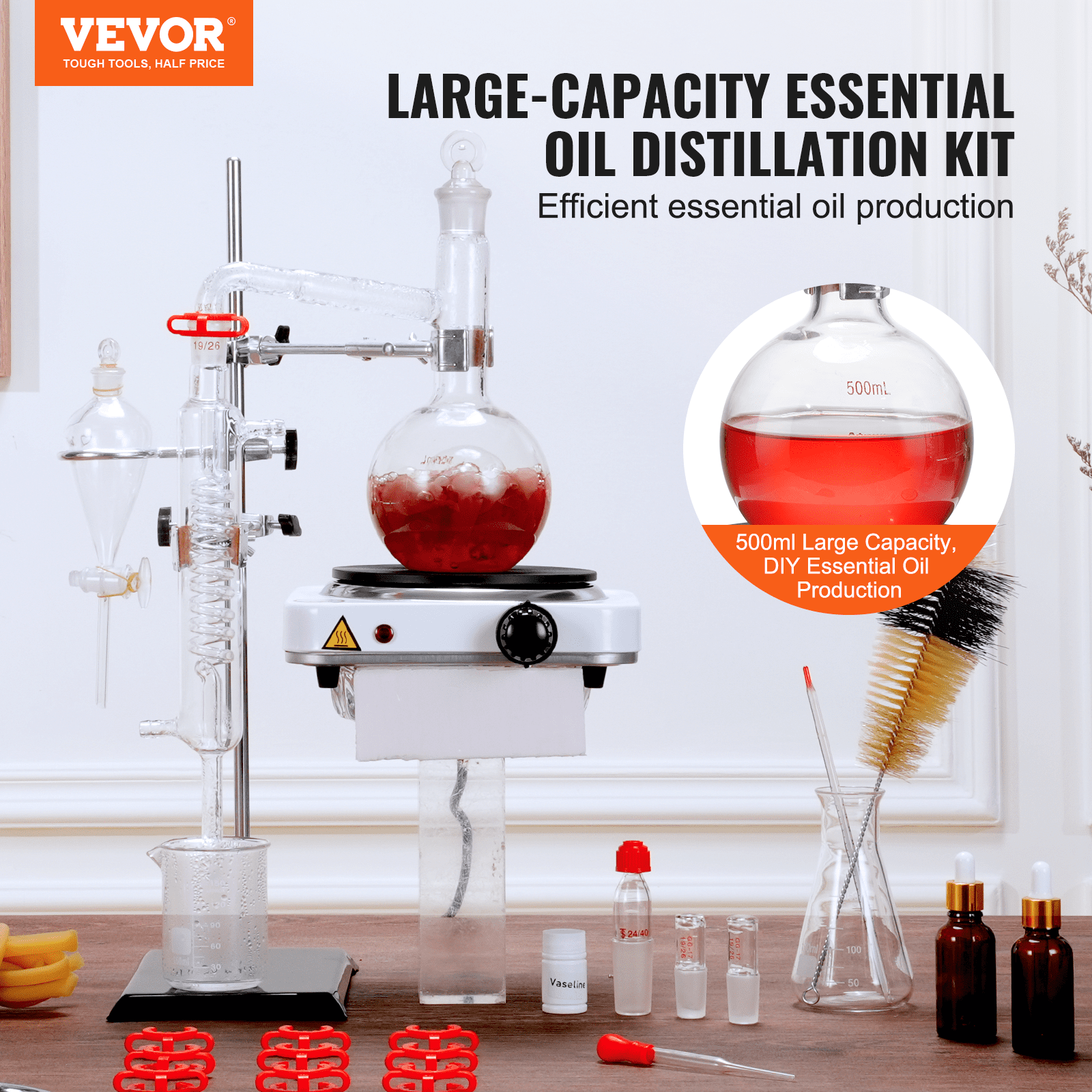 VEVOR Essential Oil Distillation Kit, 500ml Distillation Apparatus, 3.3 Boro Lab Glassware Distillation Kit with 1000W Heating Plate and 24, 40 Joint, 33 pcs Set 