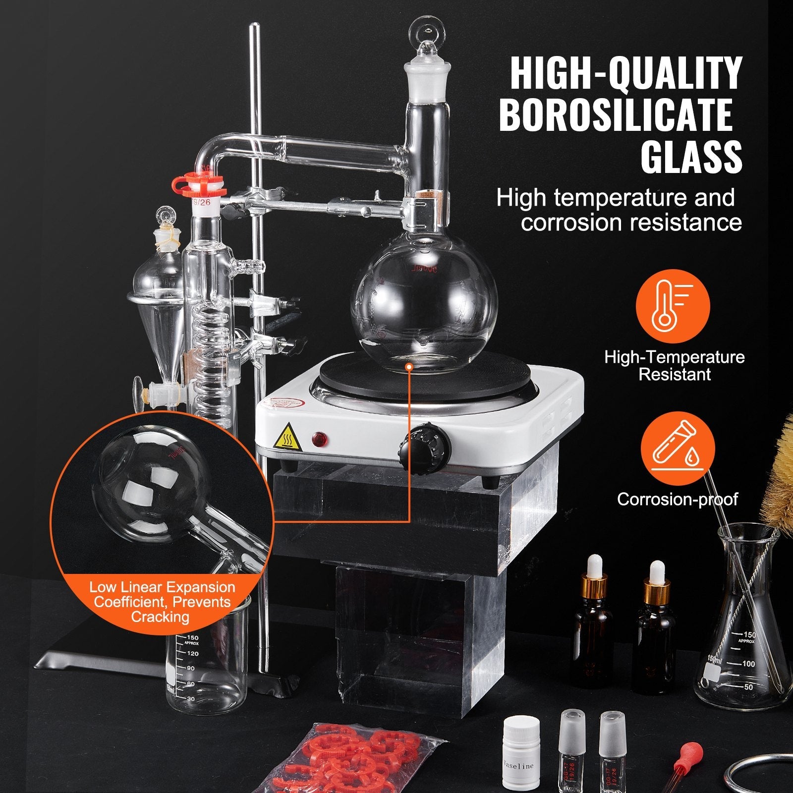 VEVOR Essential Oil Distillation Kit, 500ml Distillation Apparatus, 3.3 Boro Lab Glassware Distillation Kit with 1000W Heating Plate and 24, 40 Joint, 33 pcs Set 
