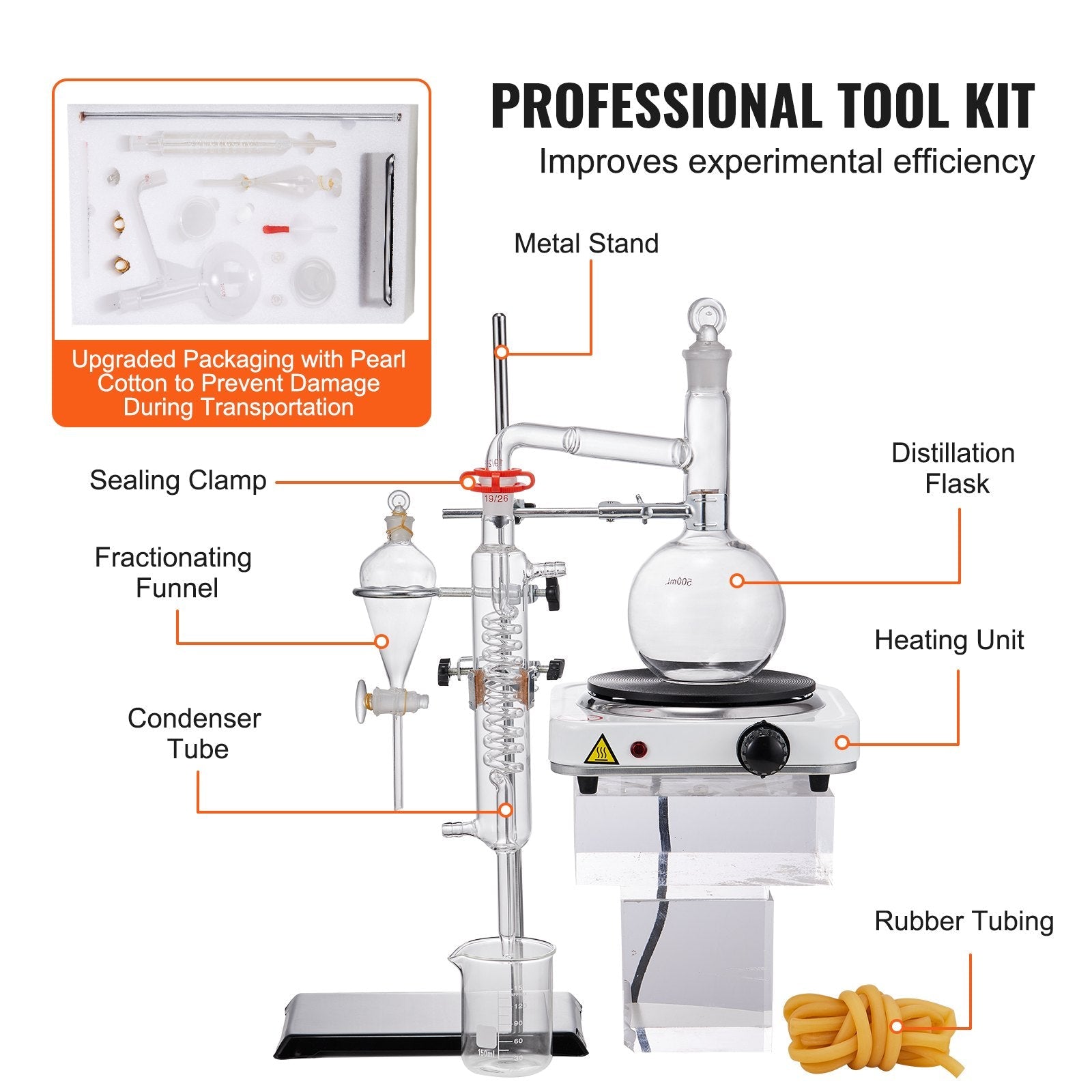 VEVOR Essential Oil Distillation Kit, 500ml Distillation Apparatus, 3.3 Boro Lab Glassware Distillation Kit with 1000W Heating Plate and 24, 40 Joint, 33 pcs Set 