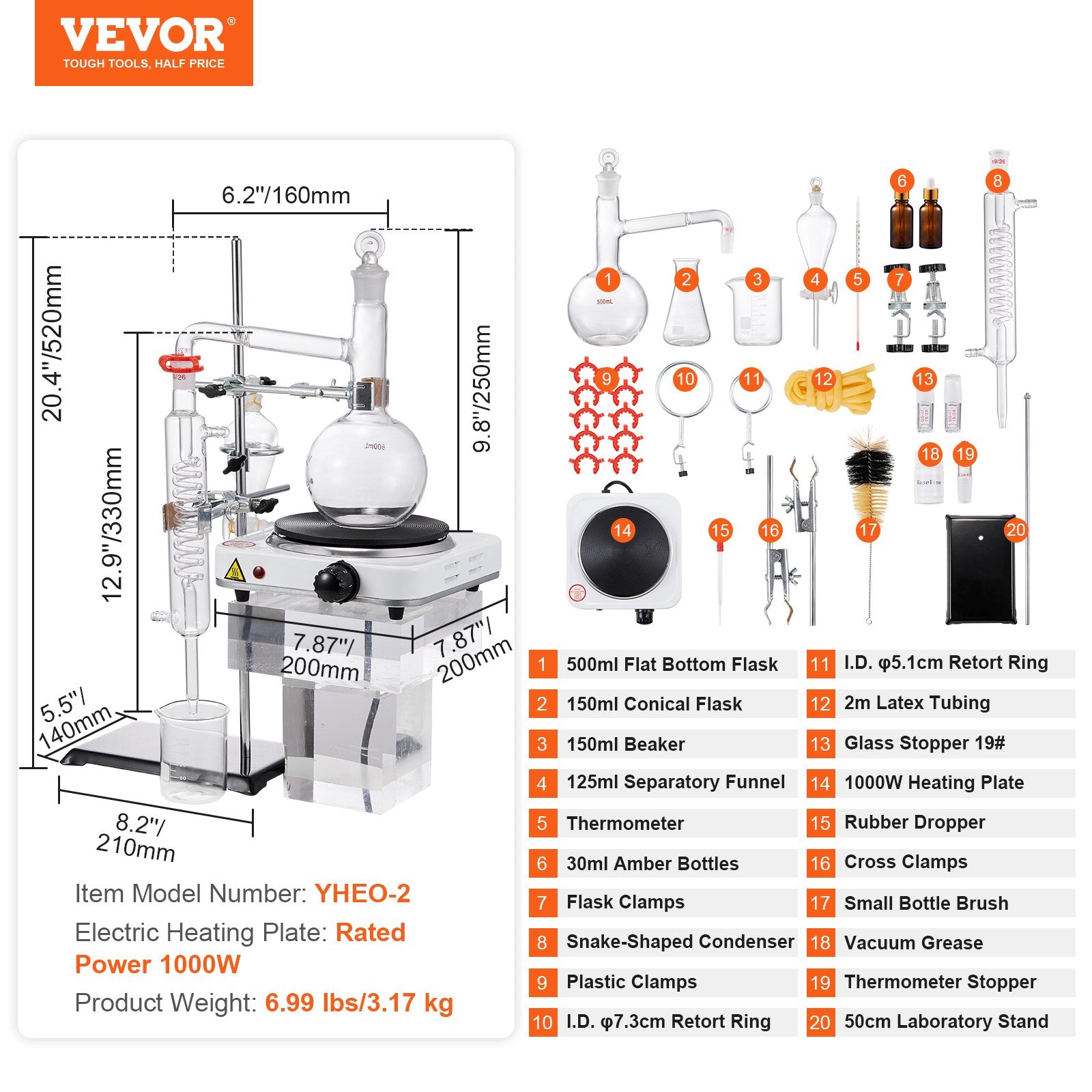 VEVOR Essential Oil Distillation Kit, 500ml Distillation Apparatus, 3.3 Boro Lab Glassware Distillation Kit with 1000W Heating Plate and 24, 40 Joint, 33 pcs Set 