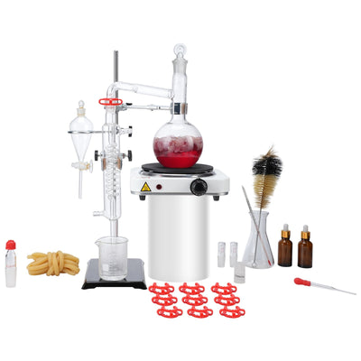VEVOR Essential Oil Distillation Kit, 500ml Distillation Apparatus, 3.3 Boro Lab Glassware Distillation Kit with 1000W Heating Plate and 24, 40 Joint, 33 pcs Set 