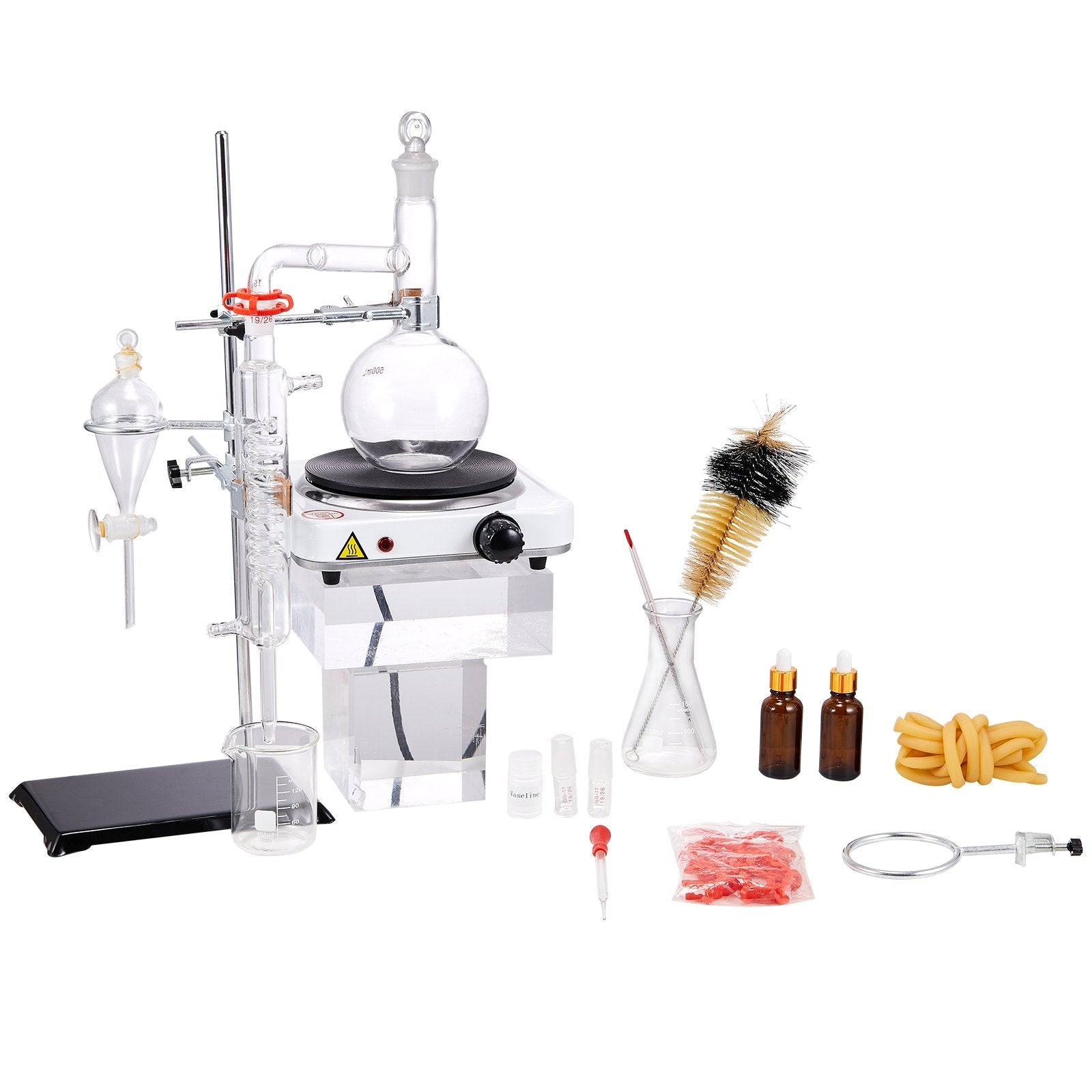 VEVOR Essential Oil Distillation Kit, 500ml Distillation Apparatus, 3.3 Boro Lab Glassware Distillation Kit with 1000W Heating Plate and 24, 40 Joint, 33 pcs Set 