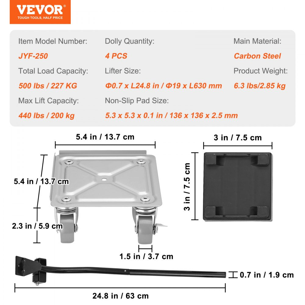 VEVOR Furniture Dolly, Furniture Moving Dollies with 360° PP Swivel Wheels & Carbon Steel Panel, 500 Lbs Capacity Furniture Lift Mover Tool Set for Moving Heavy Furniture Refrigerator Sofa 