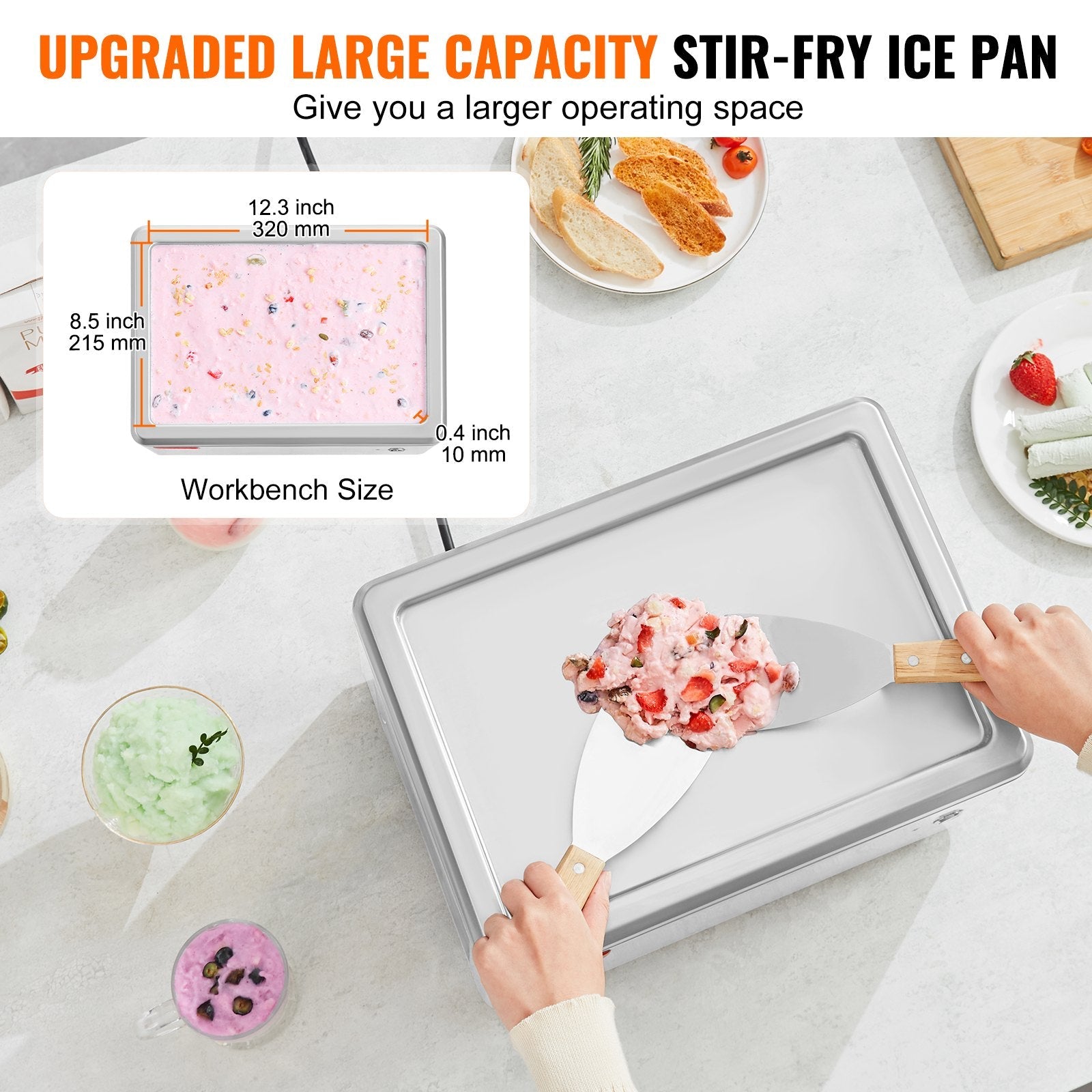 VEVOR Fried Ice Cream Roll Machine, 12.6" x 8.5" Stir-Fried Ice Cream Pan, Stainless Steel Rolled Ice Cream Maker with Compressor and 2 Scrapers, for Making Ice Cream, Frozen Yogurt, Ice Cream Rolls 