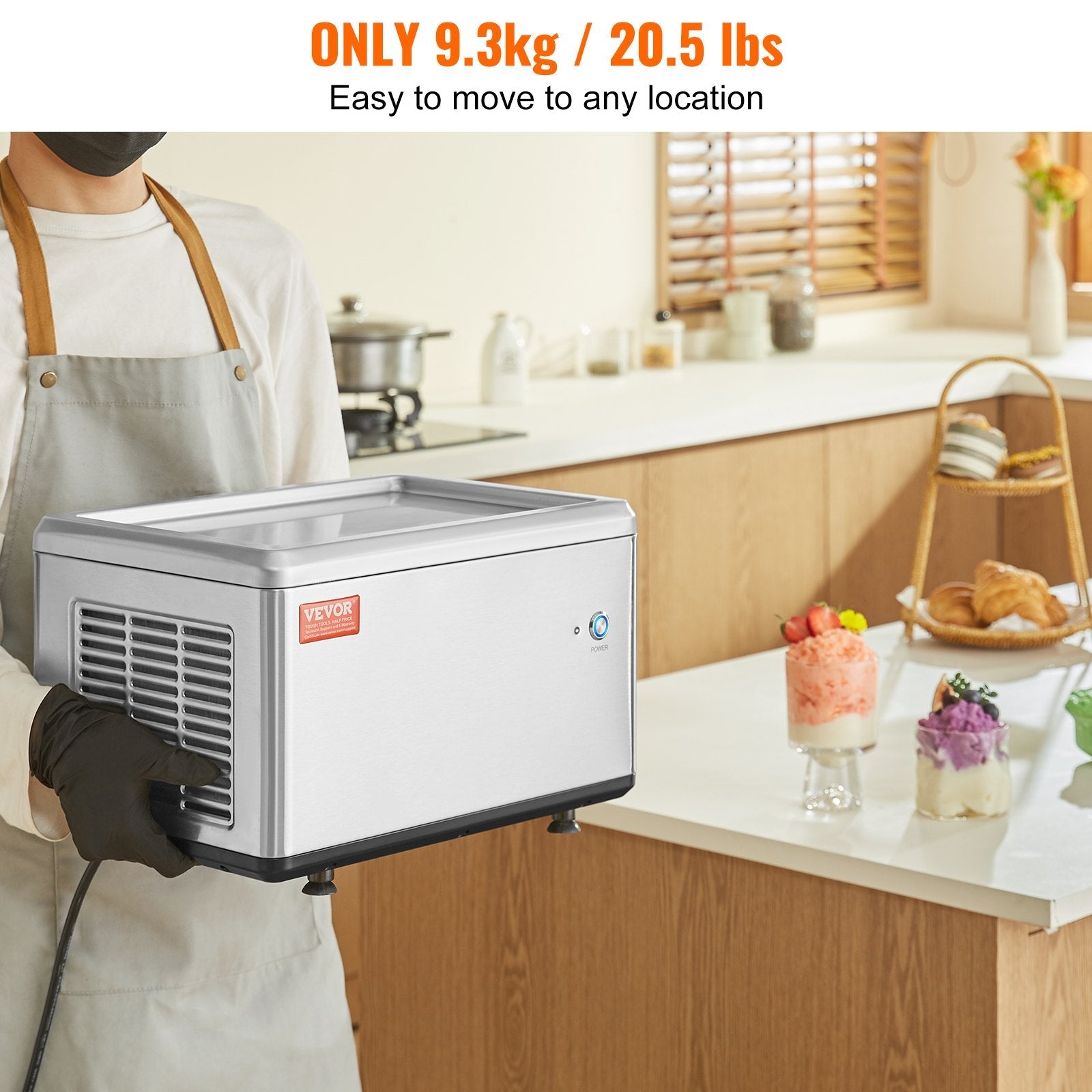 VEVOR Fried Ice Cream Roll Machine, 12.6" x 8.5" Stir-Fried Ice Cream Pan, Stainless Steel Rolled Ice Cream Maker with Compressor and 2 Scrapers, for Making Ice Cream, Frozen Yogurt, Ice Cream Rolls 