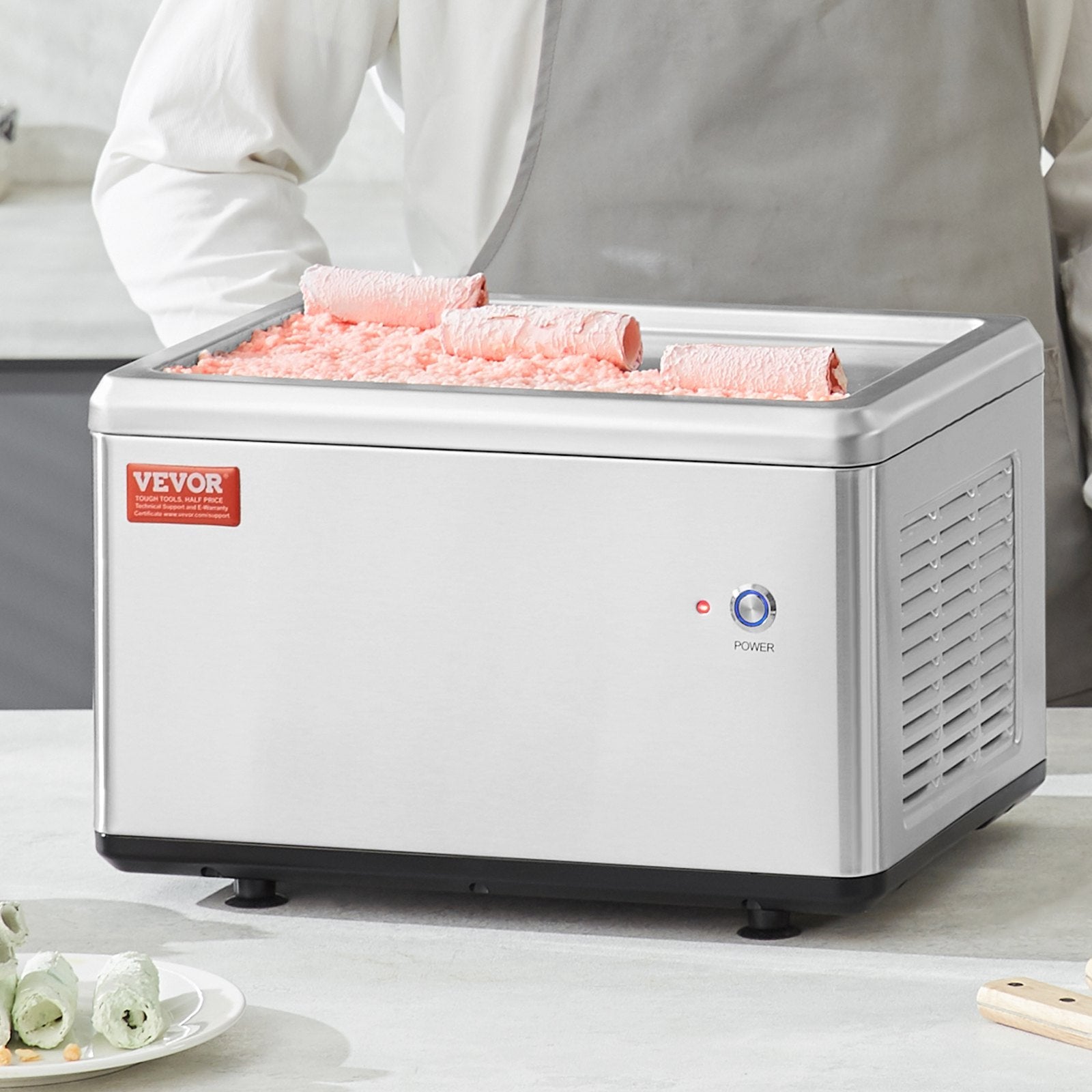 VEVOR Fried Ice Cream Roll Machine, 12.6" x 8.5" Stir-Fried Ice Cream Pan, Stainless Steel Rolled Ice Cream Maker with Compressor and 2 Scrapers, for Making Ice Cream, Frozen Yogurt, Ice Cream Rolls 