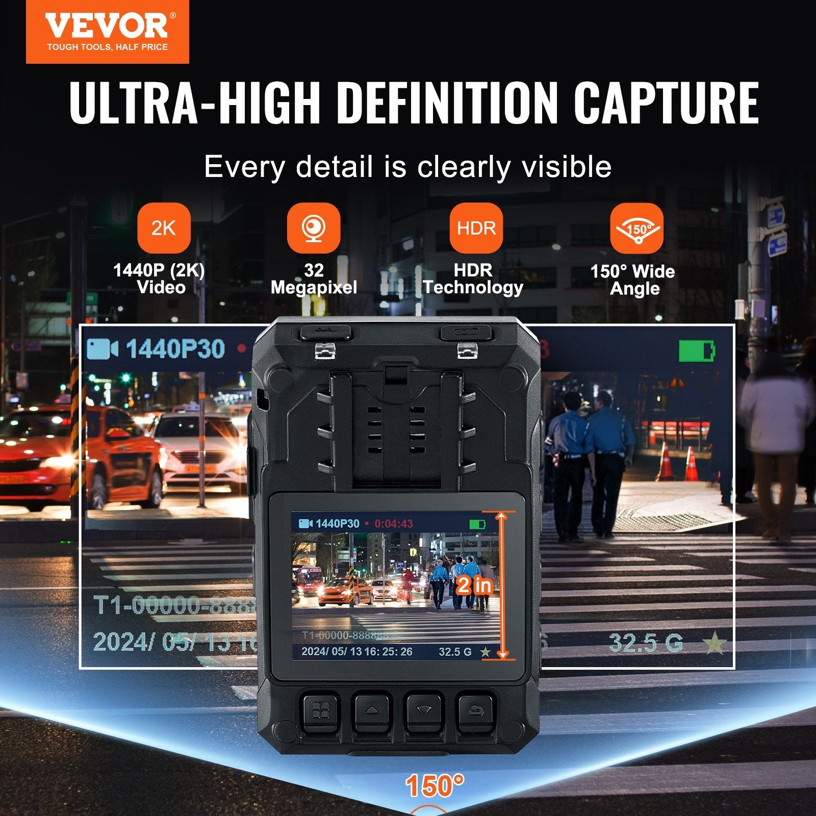VEVOR 1440P HD Police Body Camera, 64GB Body Cam with Audio Video Recording Picture, Built-in 3500 mAh Battery, 2.0" LCD, Infrared Night Vision, Waterproof GPS Personal Body Cam for Law Enforcement 