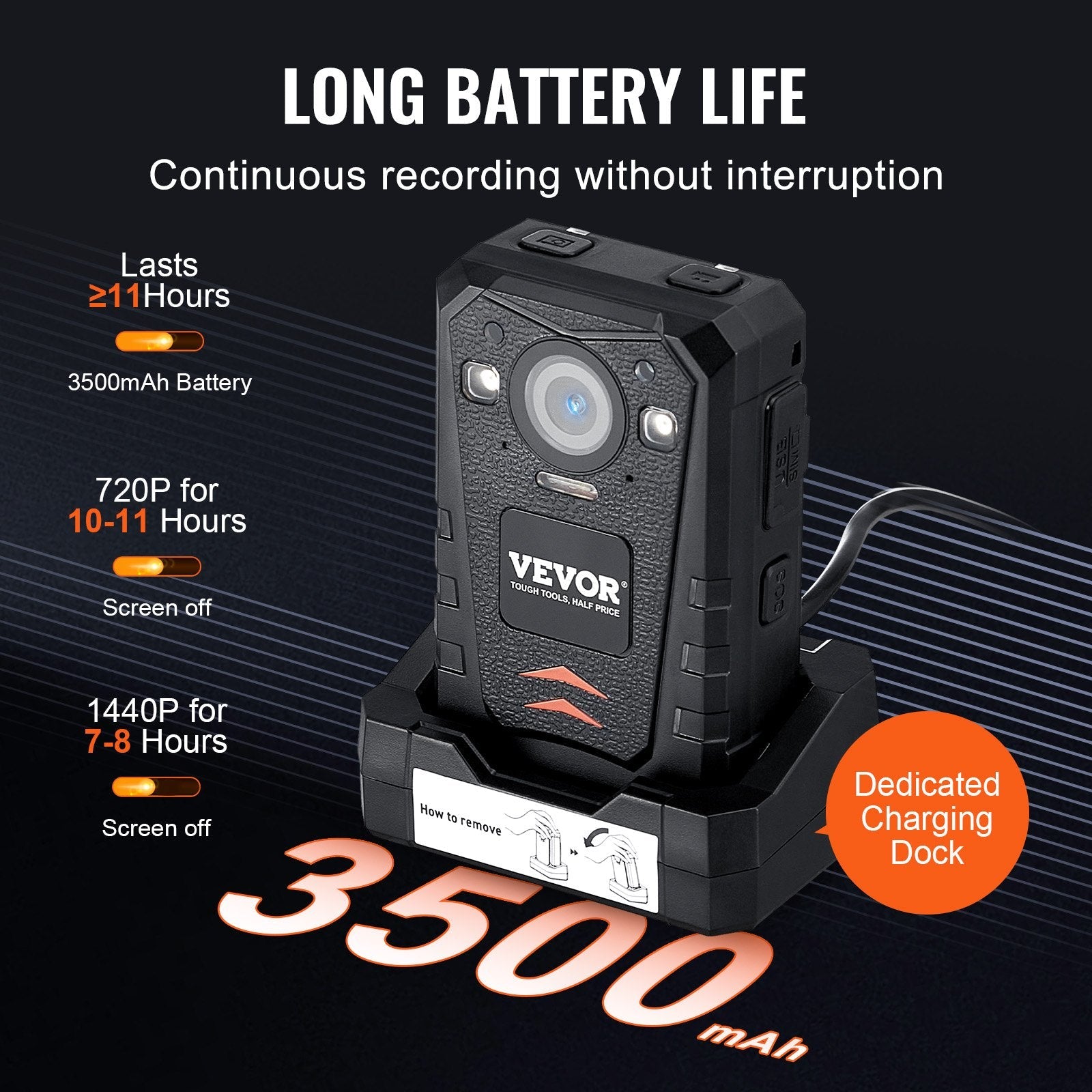 VEVOR 1440P HD Police Body Camera, 64GB Body Cam with Audio Video Recording Picture, Built-in 3500 mAh Battery, 2.0" LCD, Infrared Night Vision, Waterproof GPS Personal Body Cam for Law Enforcement 