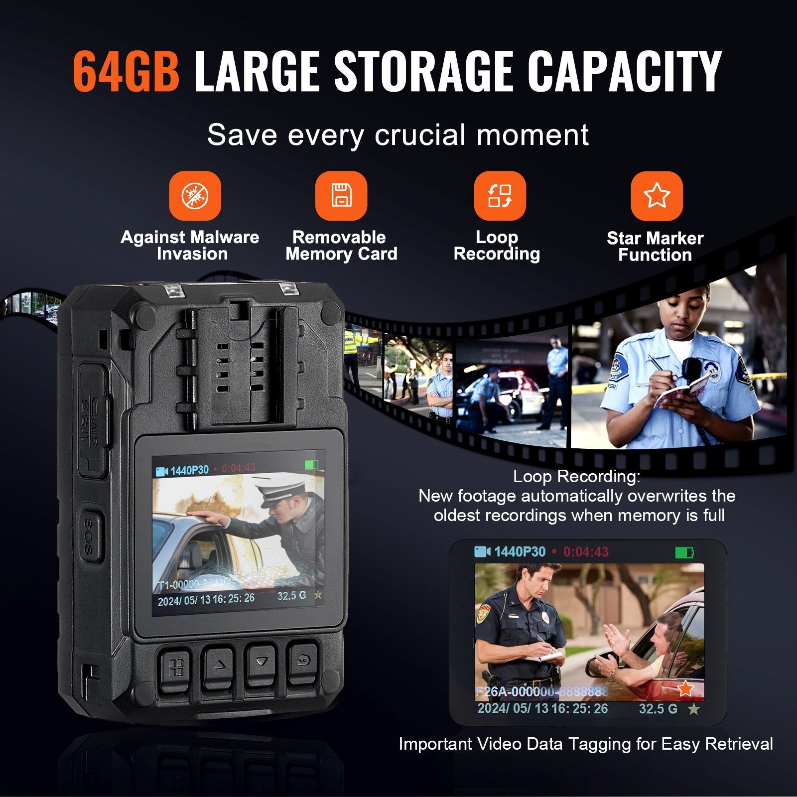 VEVOR 1440P HD Police Body Camera, 64GB Body Cam with Audio Video Recording Picture, Built-in 3500 mAh Battery, 2.0" LCD, Infrared Night Vision, Waterproof GPS Personal Body Cam for Law Enforcement 