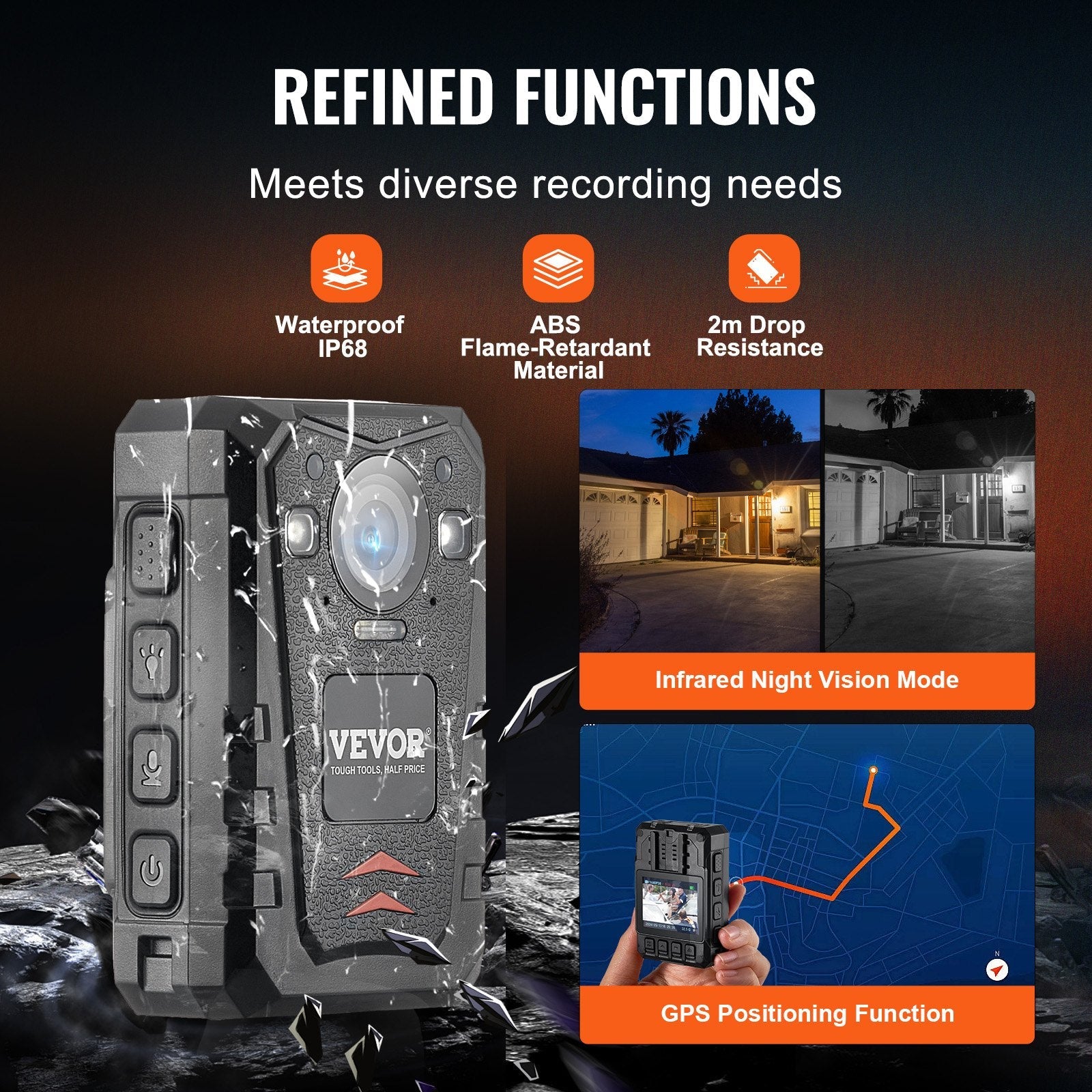VEVOR 1440P HD Police Body Camera, 64GB Body Cam with Audio Video Recording Picture, Built-in 3500 mAh Battery, 2.0" LCD, Infrared Night Vision, Waterproof GPS Personal Body Cam for Law Enforcement 