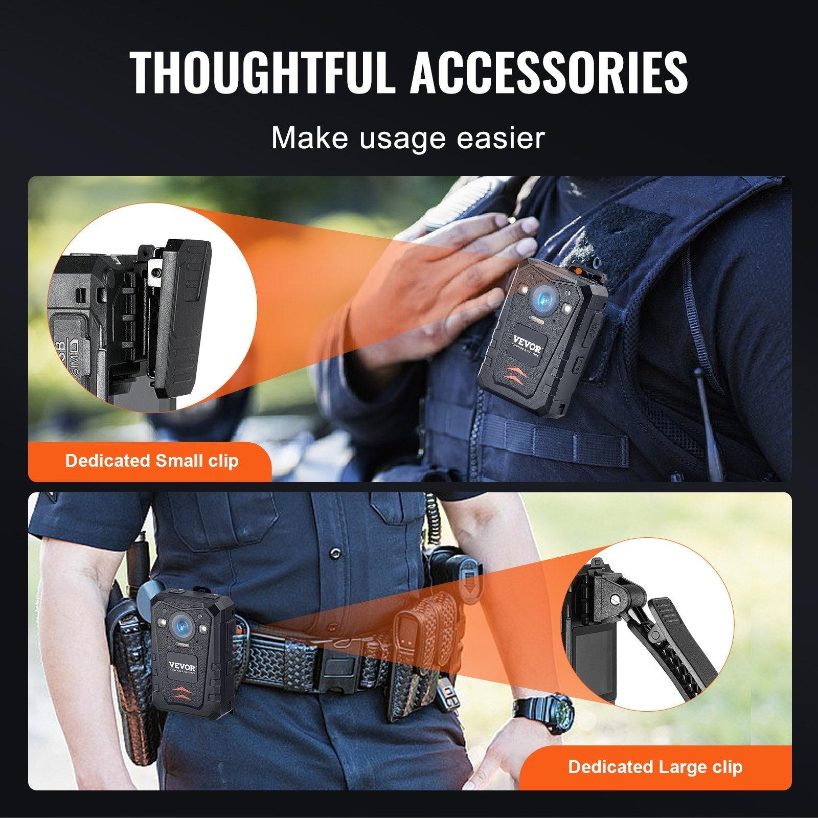 VEVOR 1440P HD Police Body Camera, 64GB Body Cam with Audio Video Recording Picture, Built-in 3500 mAh Battery, 2.0" LCD, Infrared Night Vision, Waterproof GPS Personal Body Cam for Law Enforcement 