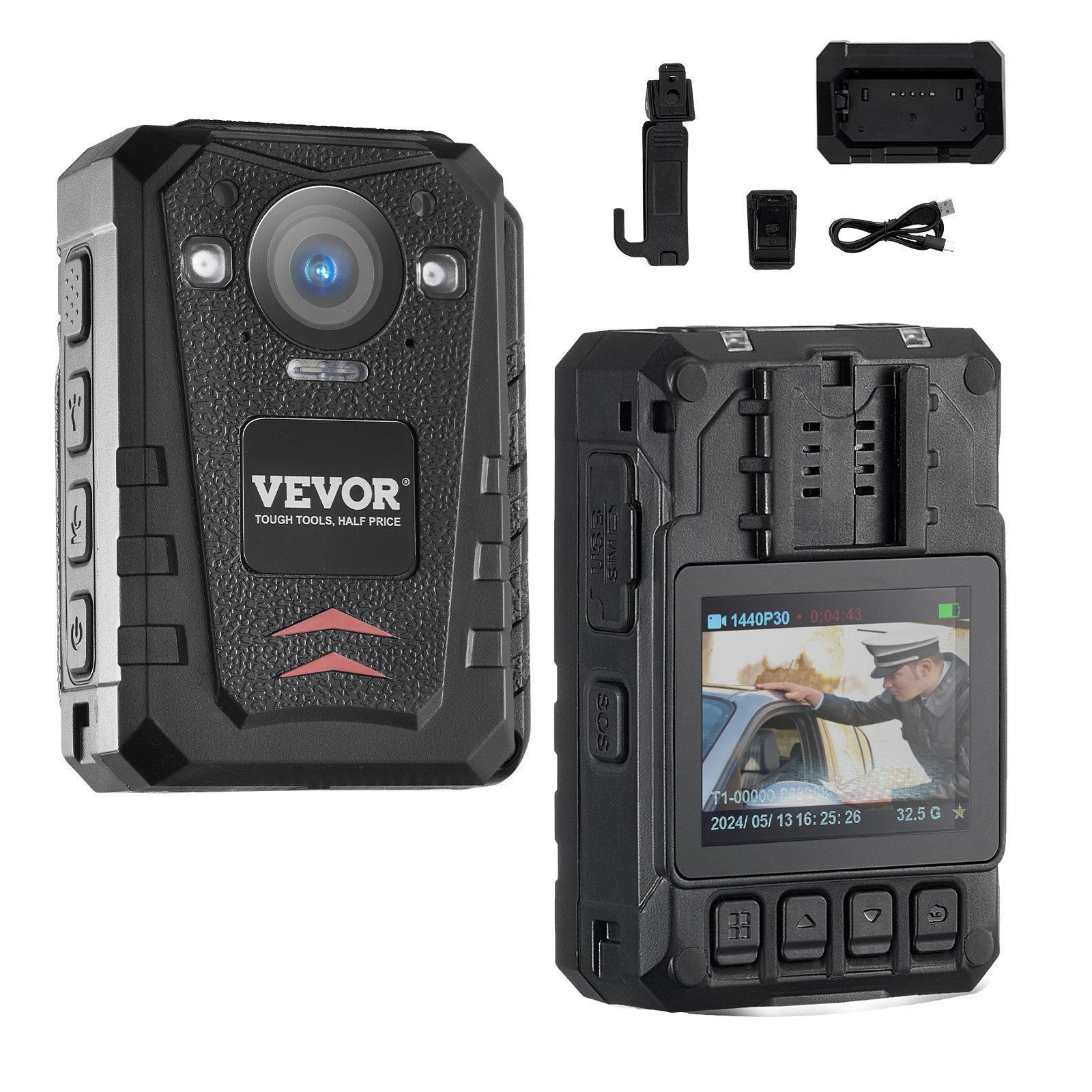 VEVOR 1440P HD Police Body Camera, 64GB Body Cam with Audio Video Recording Picture, Built-in 3500 mAh Battery, 2.0" LCD, Infrared Night Vision, Waterproof GPS Personal Body Cam for Law Enforcement 