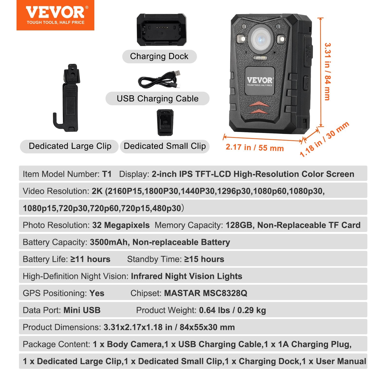 VEVOR 1440P HD Police Body Camera, 128GB Body Cam with Audio Video Recording Picture, Built-in 3500 mAh Battery, 2.0" LCD, Infrared Night Vision, Waterproof GPS Personal Body Cam for Law Enforcement 