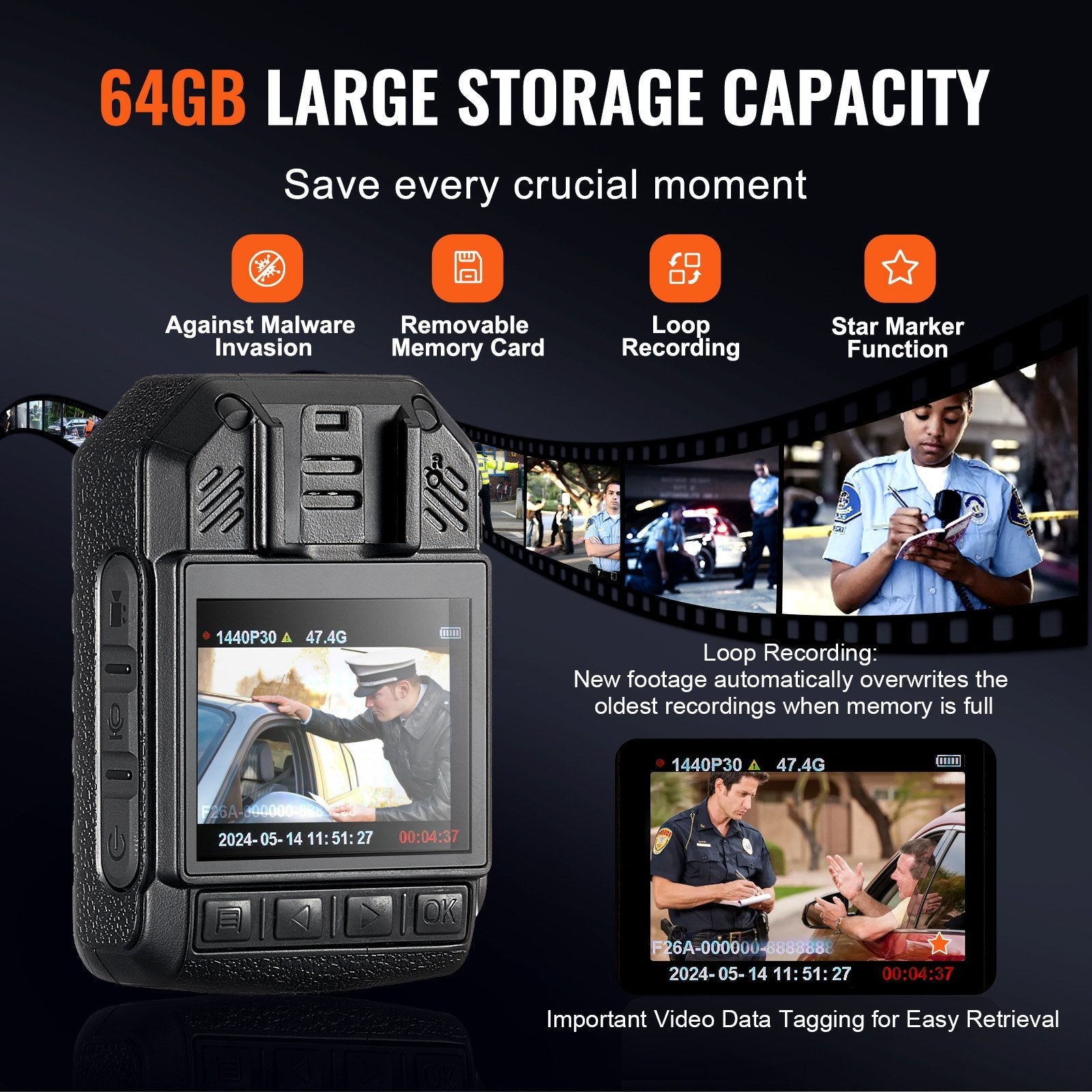 VEVOR 1440P HD Police Body Camera, 64GB Body Cam with Audio Video Recording Picture, Built-in 2850 mAh Battery, 2.0" LCD, Infrared Night Vision, Waterproof Personal Body Cam for Law Enforcement 