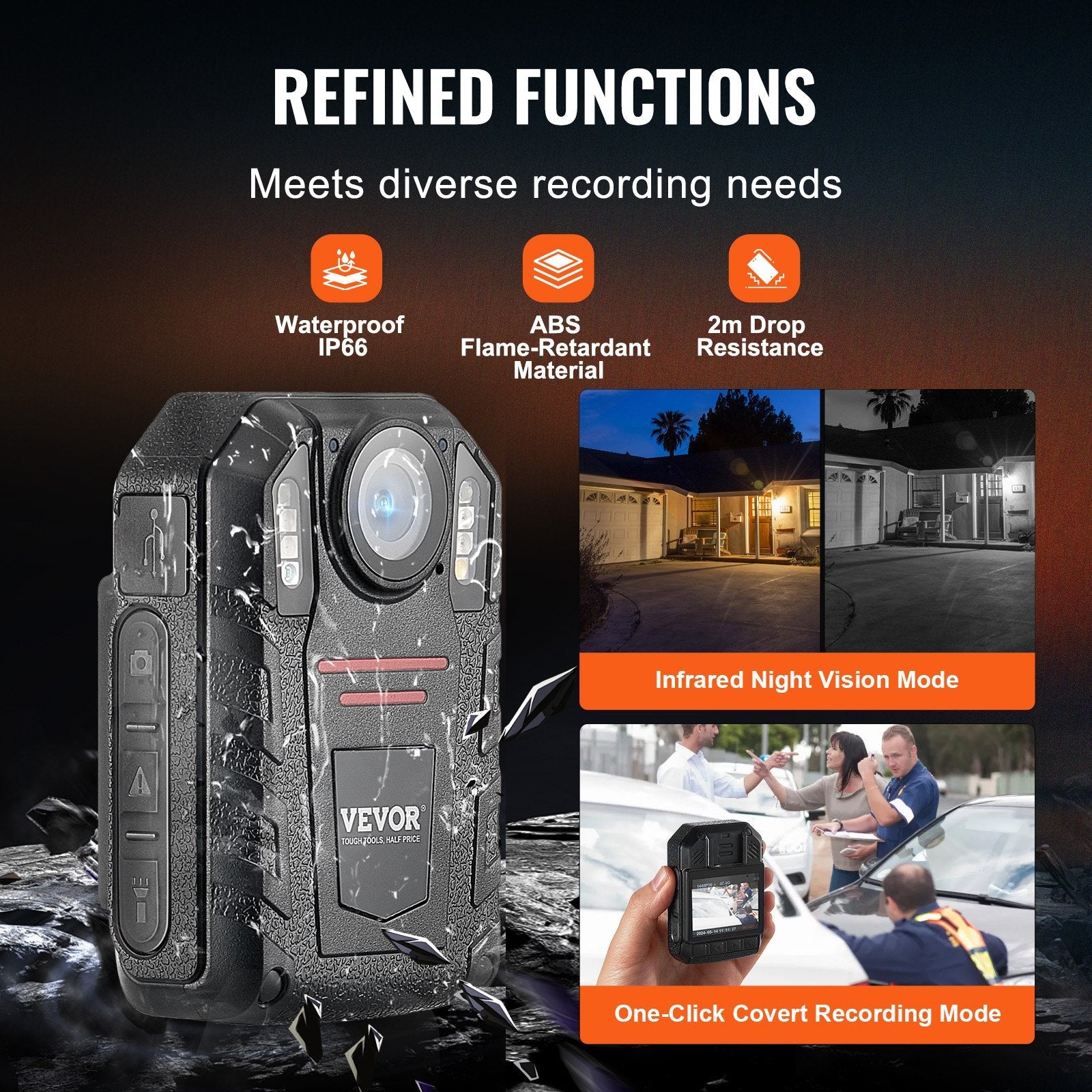 VEVOR 1440P HD Police Body Camera, 64GB Body Cam with Audio Video Recording Picture, Built-in 2850 mAh Battery, 2.0" LCD, Infrared Night Vision, Waterproof Personal Body Cam for Law Enforcement 