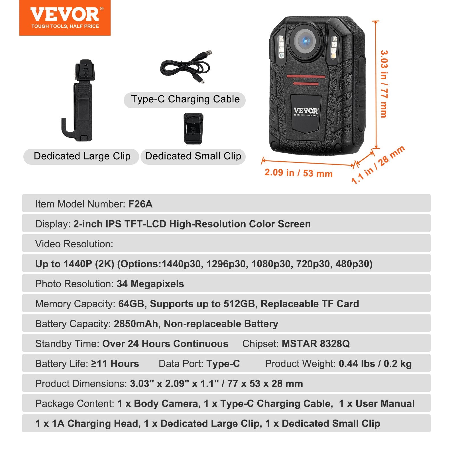VEVOR 1440P HD Police Body Camera, 64GB Body Cam with Audio Video Recording Picture, Built-in 2850 mAh Battery, 2.0" LCD, Infrared Night Vision, Waterproof Personal Body Cam for Law Enforcement 