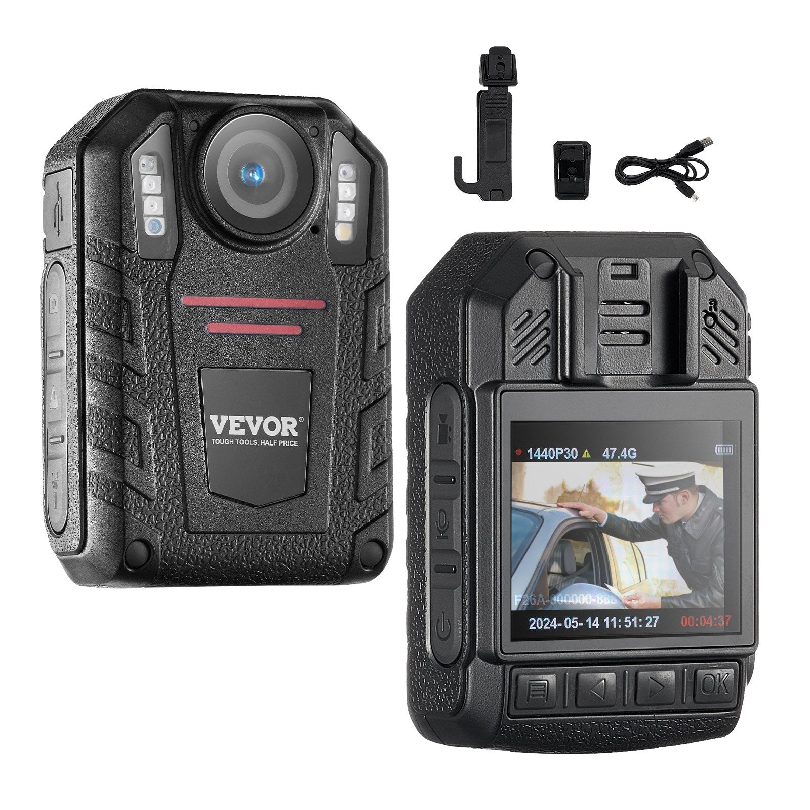 VEVOR 1440P HD Police Body Camera, 64GB Body Cam with Audio Video Recording Picture, Built-in 2850 mAh Battery, 2.0" LCD, Infrared Night Vision, Waterproof Personal Body Cam for Law Enforcement 