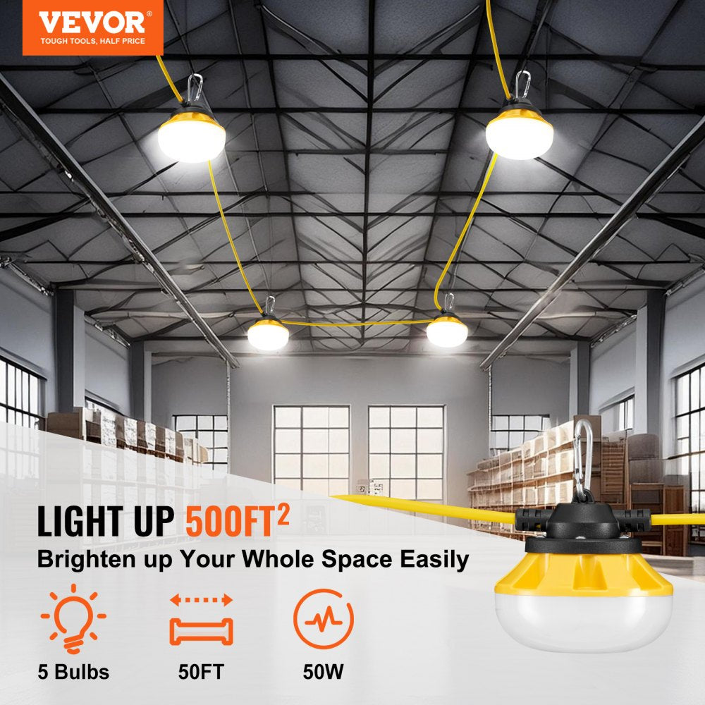 VEVOR 50FT Construction String Work Lights 50W 5000LM Connectable Waterproof 