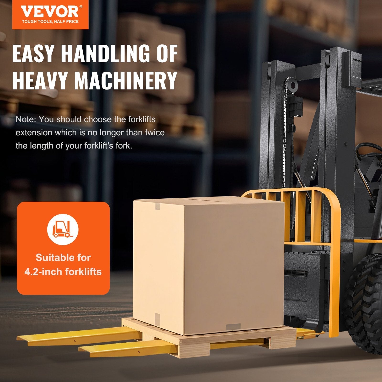 VEVOR Pallet Fork Extensions, 84" Length 4.5" Width, Heavy Duty Carbon Steel Fork Extensions for Forklifts, 1 Pair Forklift Extensions, Industrial Forklift Fork Attachments for Forklift Truck, Yellow 