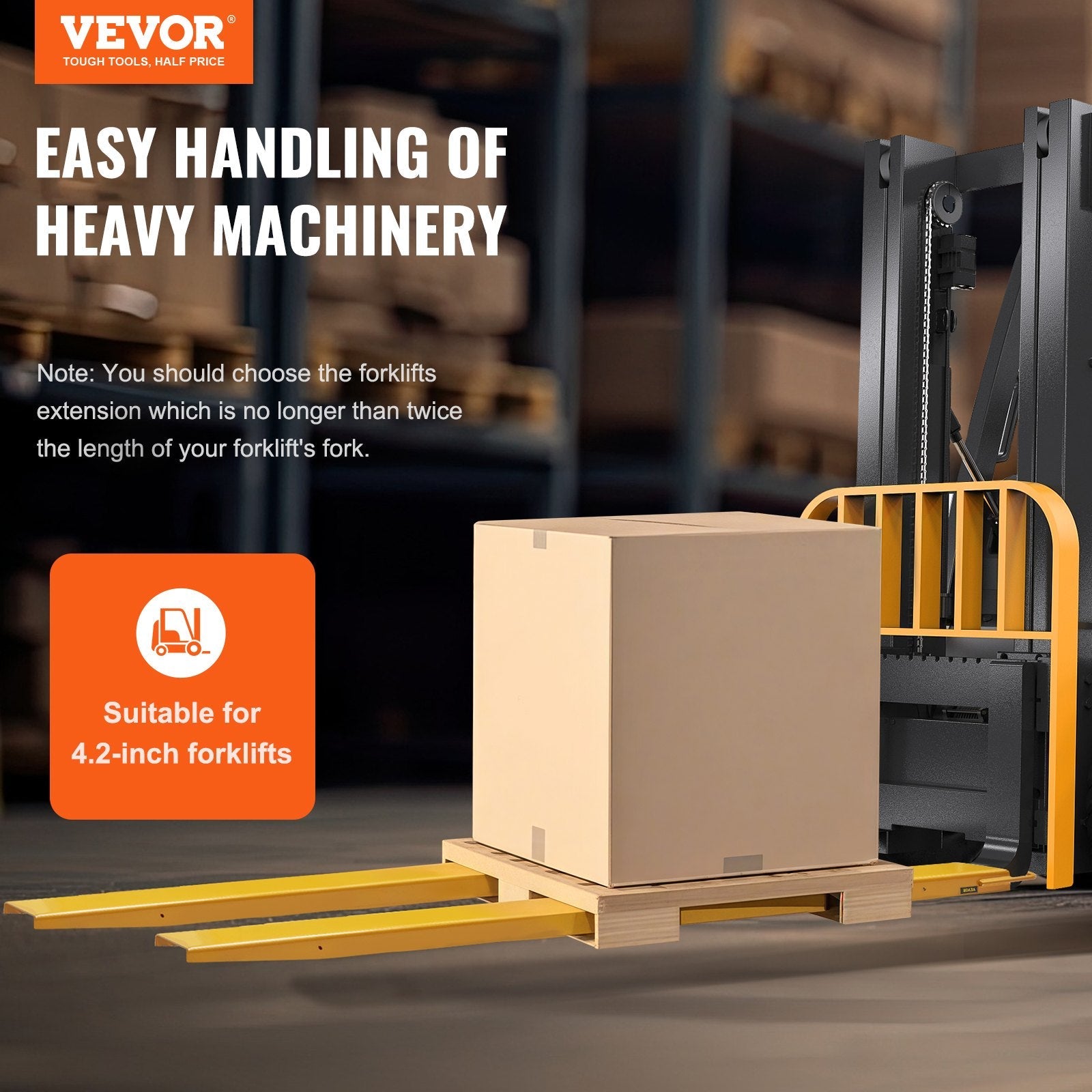 VEVOR Pallet Fork Extensions, 96" Length 4.5" Width, Heavy Duty Carbon Steel Fork Extensions for Forklifts, 1 Pair Forklift Extensions, Industrial Forklift Fork Attachments for Forklift Truck, Yellow 