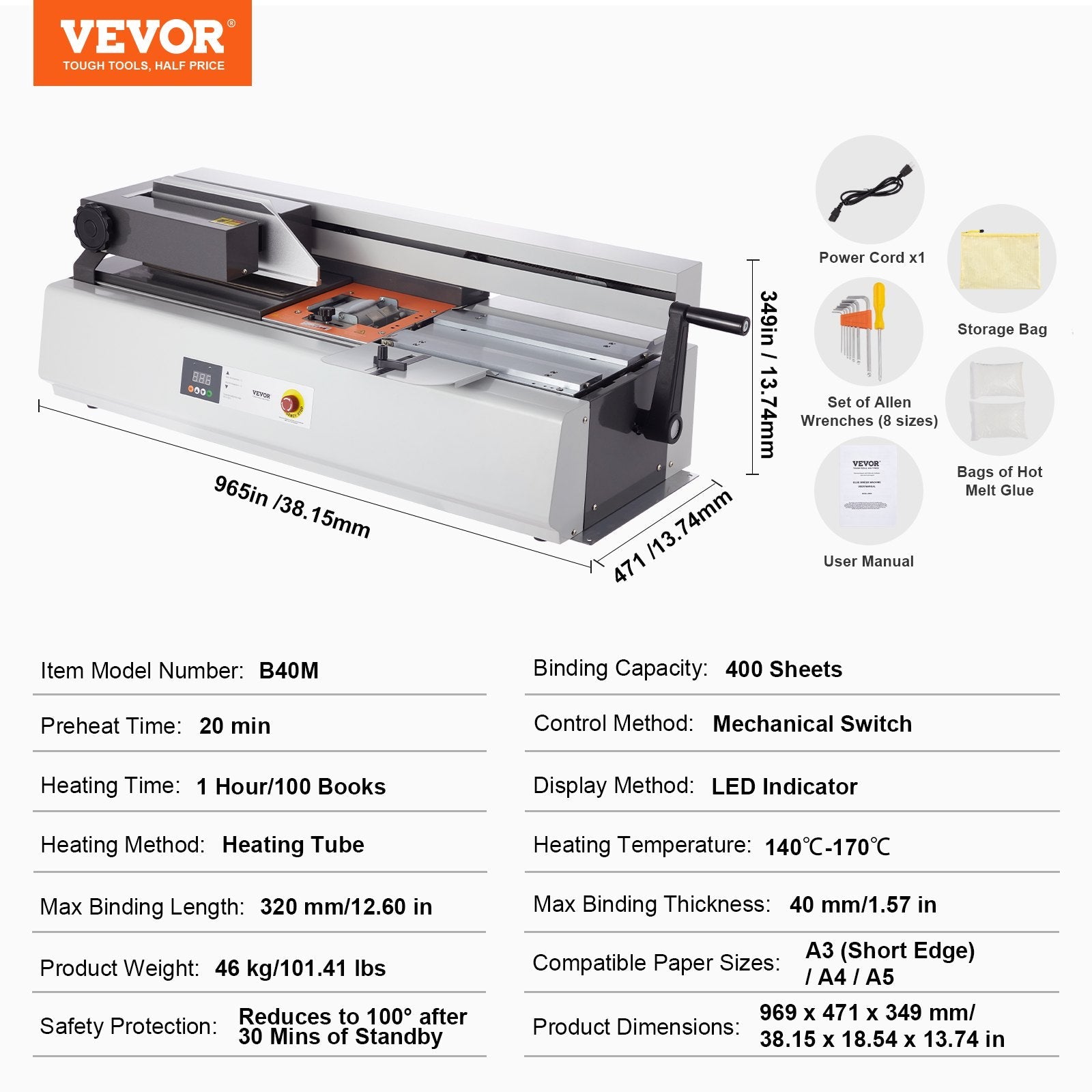 VEVOR Thermal Binding Machine Hot Glue Binder 400 Sheets A3 A4 A5 Documents 