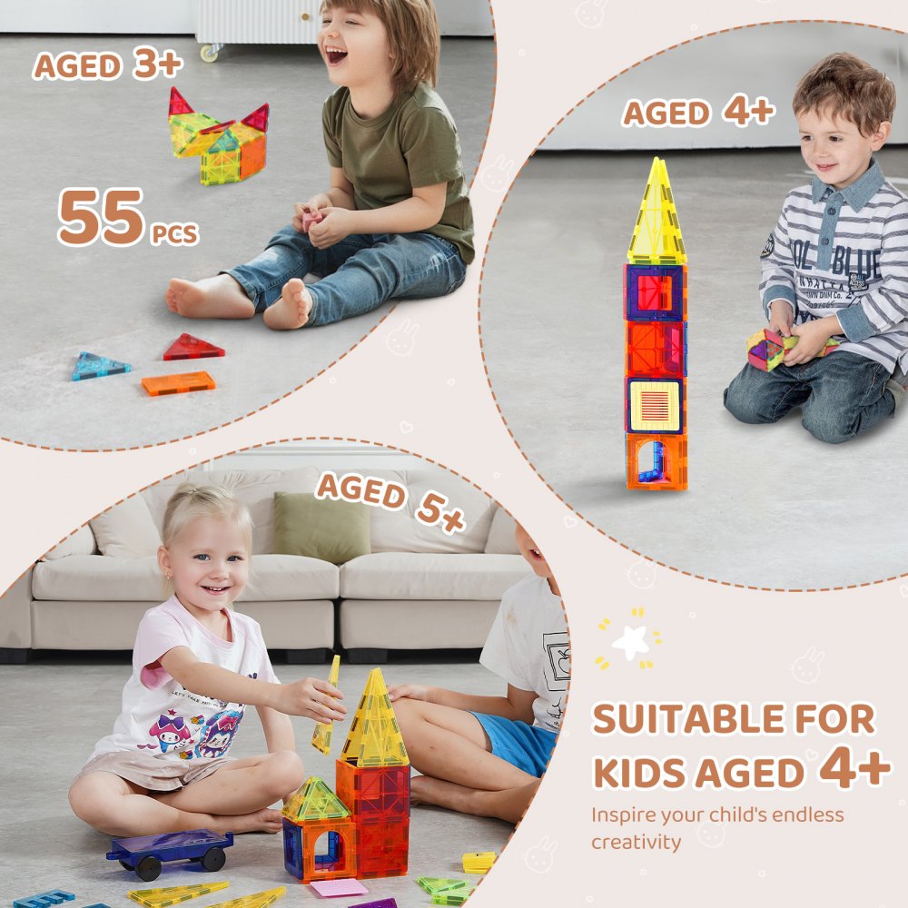 VEVOR Magnetic Tiles Magnetic Building Toy 55 PCS Magnet Blocks for Kids 3D Set 