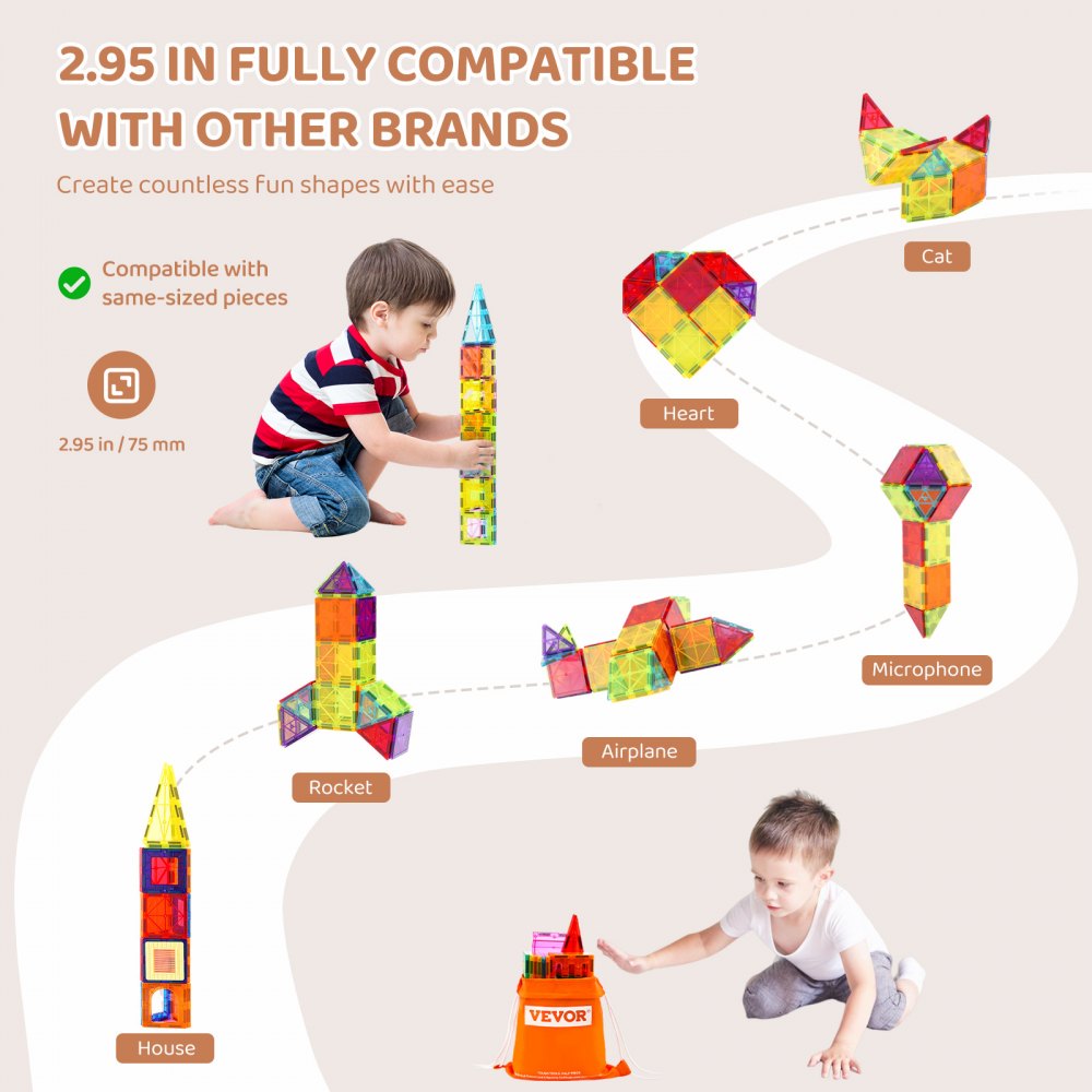 VEVOR Magnetic Tiles Magnetic Building Toy 55 PCS Magnet Blocks for Kids 3D Set 