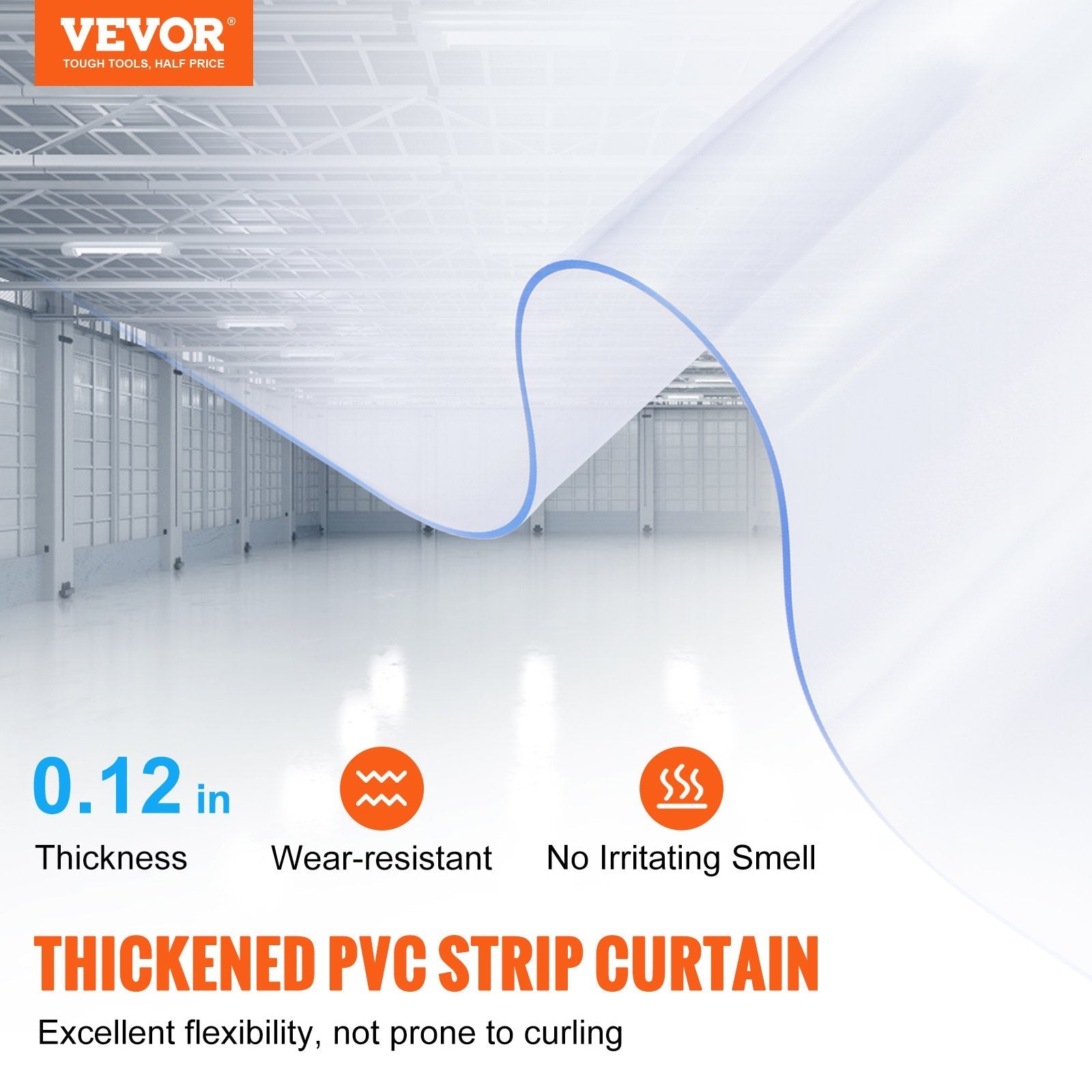 VEVOR Strip Curtain, 100' Length x 12" Width x 0.12" Thickness, Clear PVC Smooth Curtain Strip Door Bulk Roll, Plastic Door Strips for Doorway of Supermarket, Garage, Warehouse, Barn, Pet Animal House 