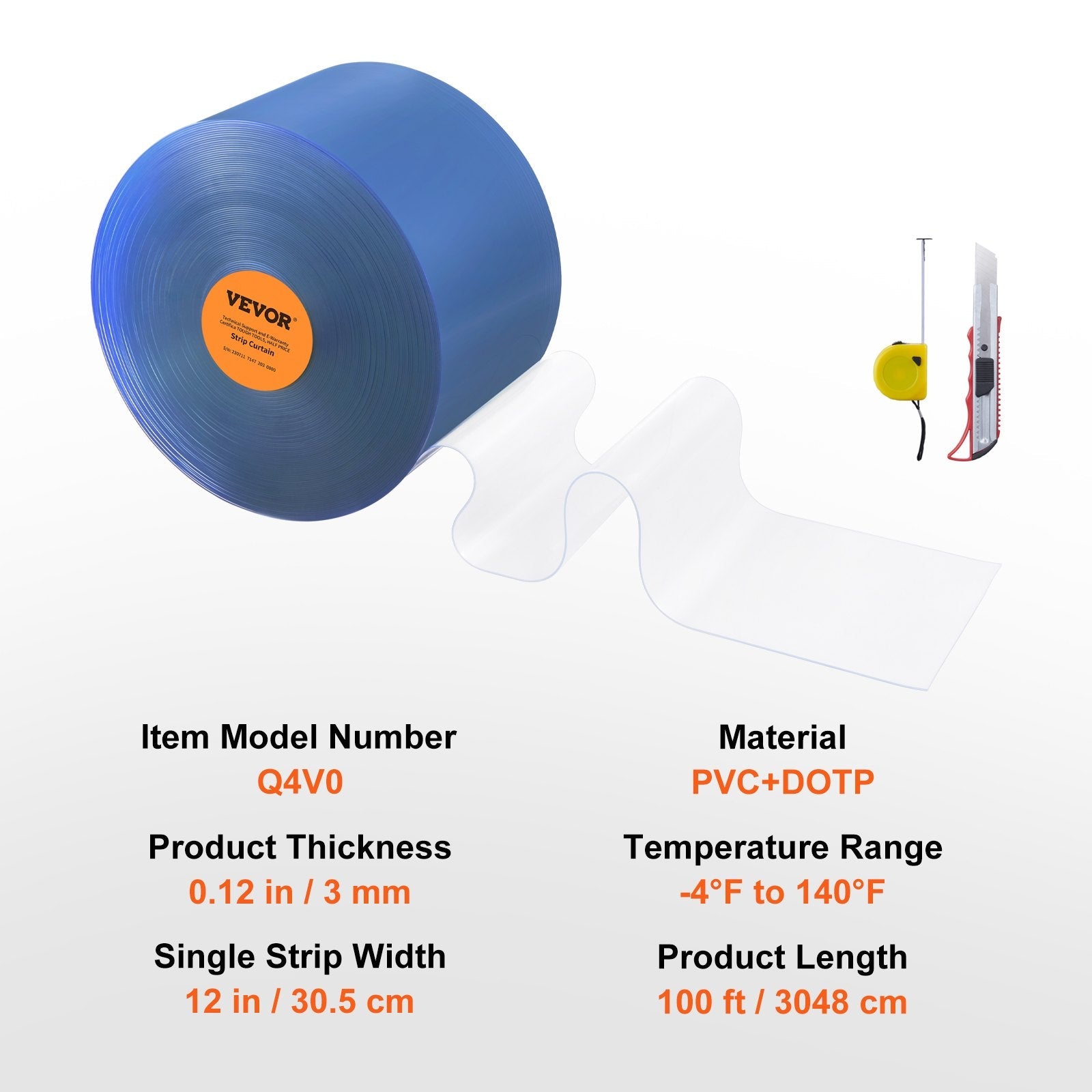 VEVOR Strip Curtain, 100' Length x 12" Width x 0.12" Thickness, Clear PVC Smooth Curtain Strip Door Bulk Roll, Plastic Door Strips for Doorway of Supermarket, Garage, Warehouse, Barn, Pet Animal House 