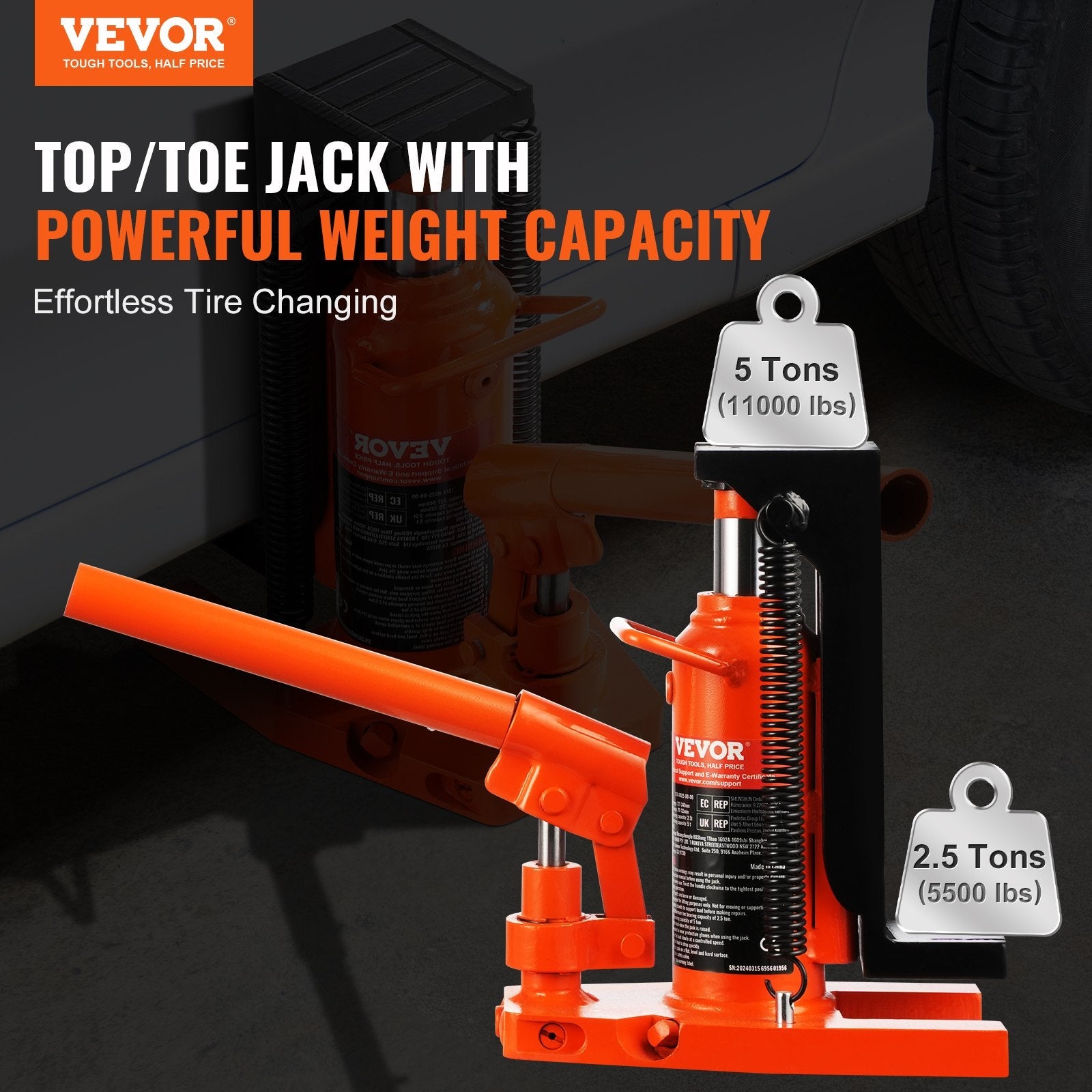 VEVOR Hydraulic Toe Jack, 2.5 Ton On Toe Toe Jack Lift, 5 Ton On Top Lift Capacity Machine Jack, 0.8-5.3 in Toe Height, 8.9-13.4 in Top Height, Air Hydraulic Claw Jack for Machinery, Industry 