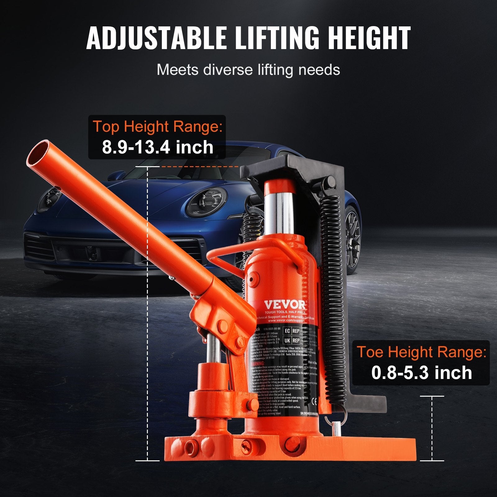 VEVOR Hydraulic Toe Jack, 2.5 Ton On Toe Toe Jack Lift, 5 Ton On Top Lift Capacity Machine Jack, 0.8-5.3 in Toe Height, 8.9-13.4 in Top Height, Air Hydraulic Claw Jack for Machinery, Industry 