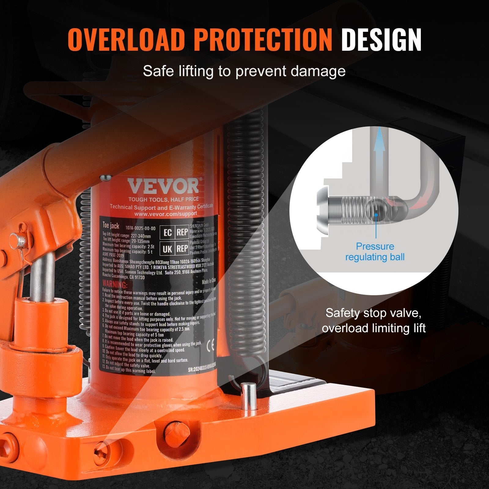 VEVOR Hydraulic Toe Jack, 2.5 Ton On Toe Toe Jack Lift, 5 Ton On Top Lift Capacity Machine Jack, 0.8-5.3 in Toe Height, 8.9-13.4 in Top Height, Air Hydraulic Claw Jack for Machinery, Industry 