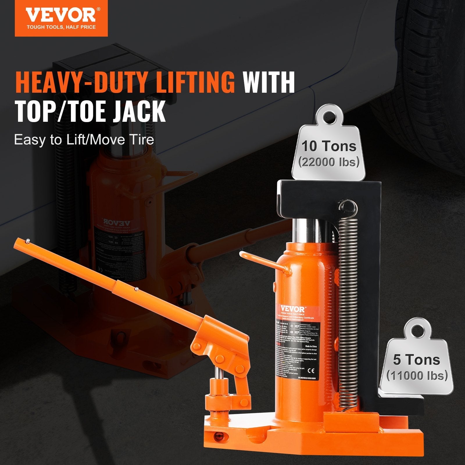 VEVOR Hydraulic Toe Jack, 5 Ton On Toe Toe Jack Lift, 10 Ton On Top Lift Capacity Machine Jack, 0.8-6.8 in Toe Height, 11.3-17.3 in Top Height, Air Hydraulic Claw Jack for Machinery, Industry 
