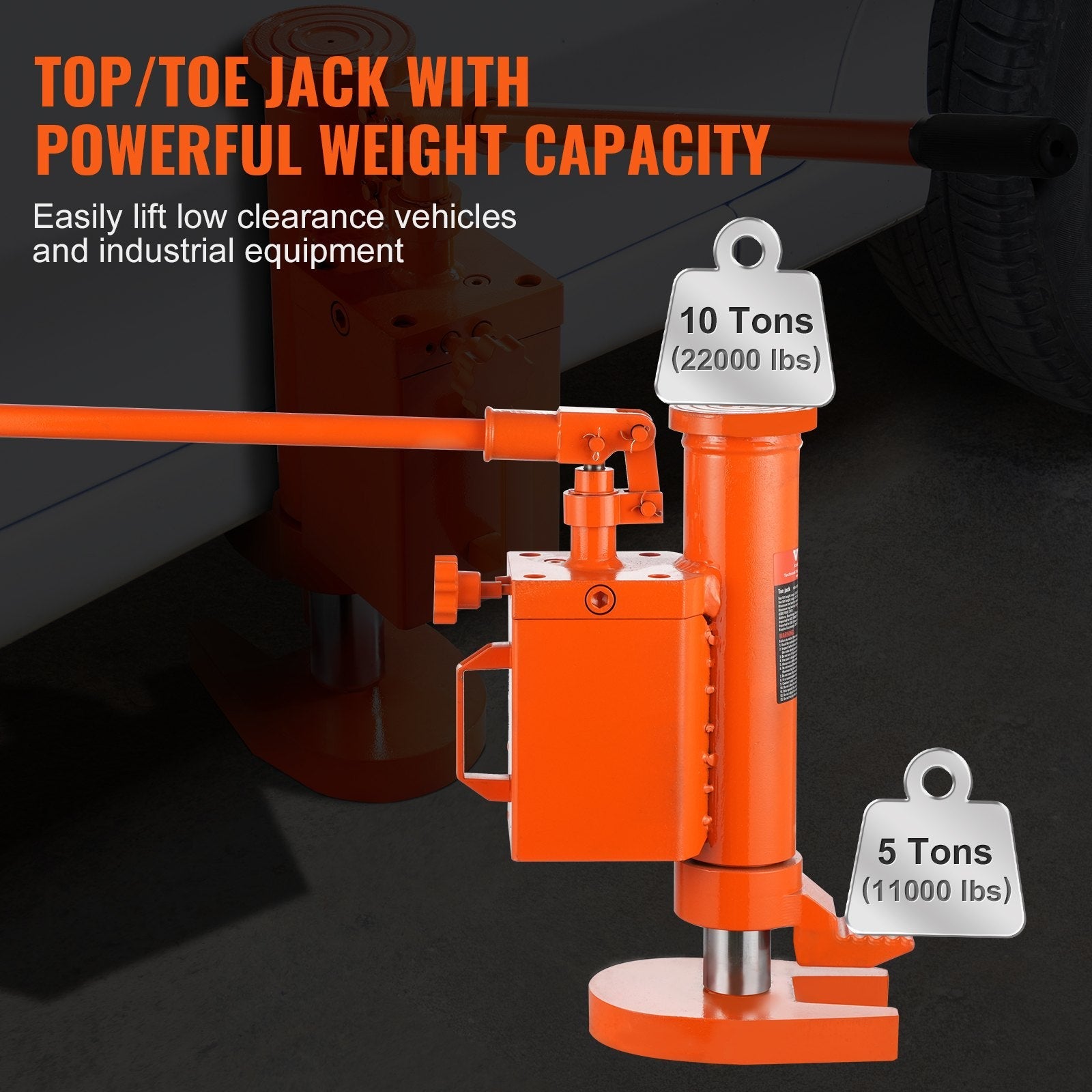VEVOR Hydraulic Toe Jack, 5 Ton On Toe Toe Jack Lift, 10 Ton On Top Lift Capacity Machine Jack, 1.0-9.1 in Toe Height, 14.6-22.4 in Top Height, 360° Rotatable Claw Jack for Machinery, Industry 