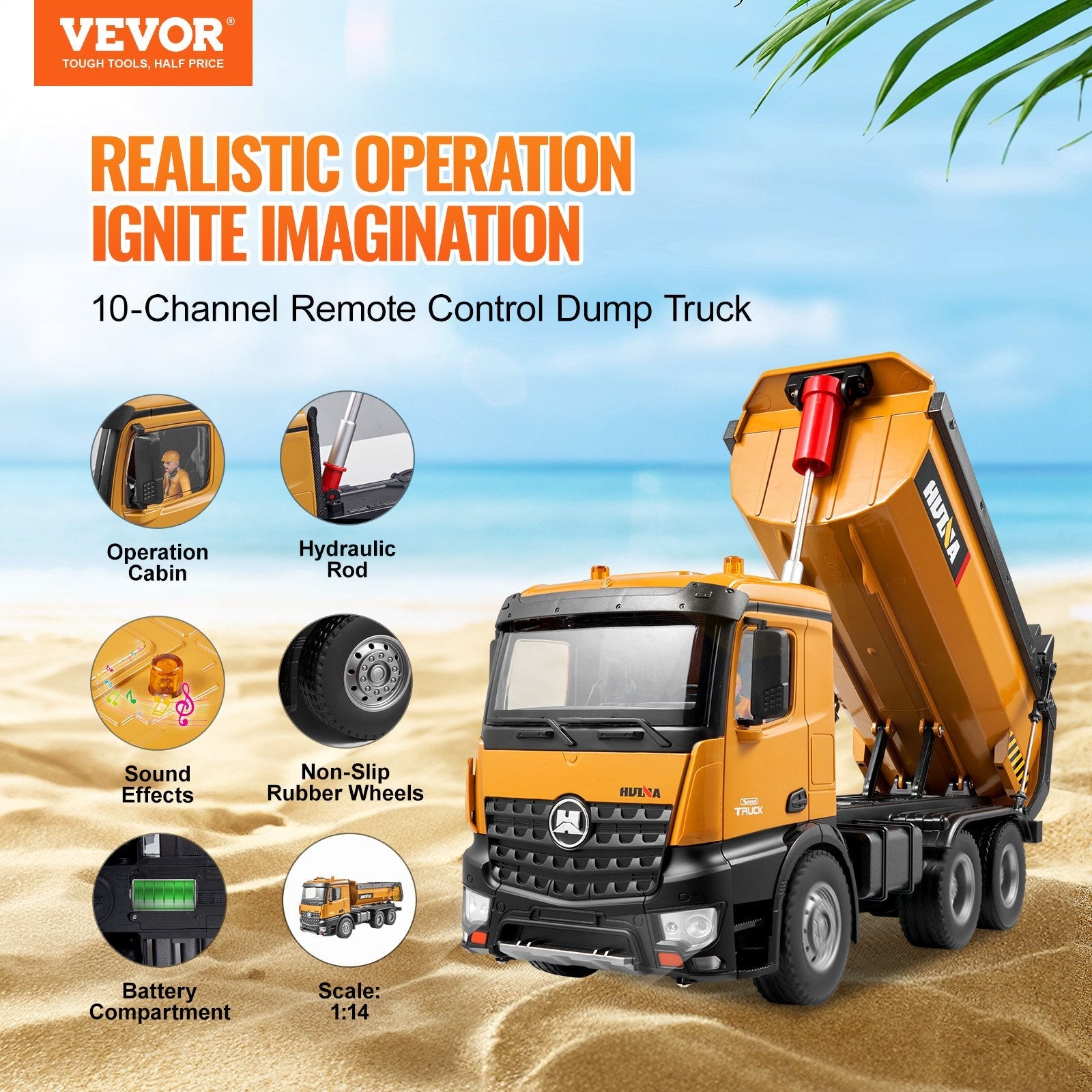 VEVOR RC Remote Control Dump Truck Toy Construction Vehicle Toy 10CH 1:14 Scale 