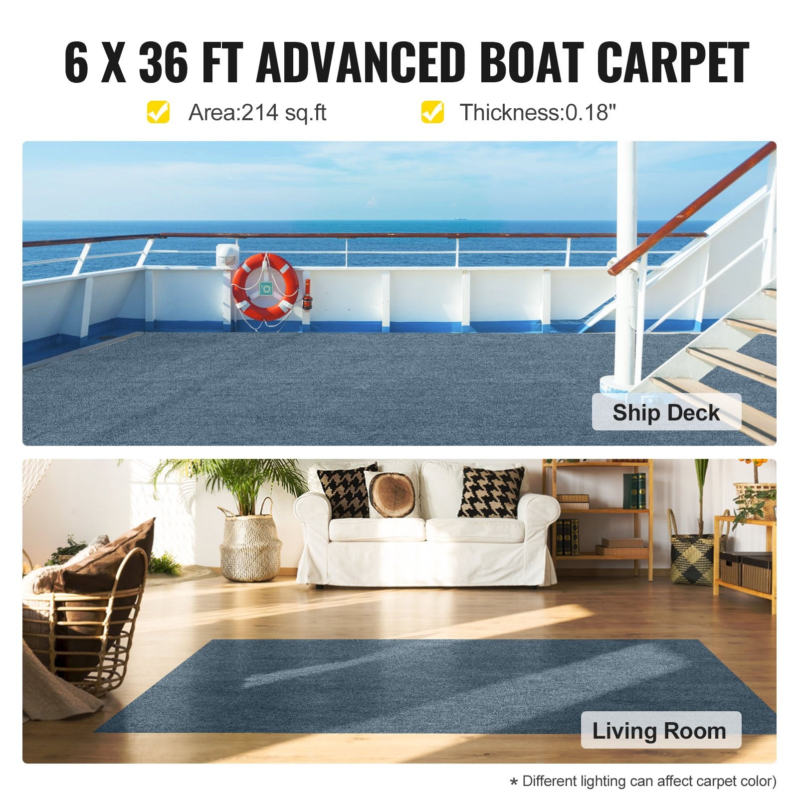 VEVOR Gray Marine Carpet 6 ft x 36 ft, Boat Carpet Rugs, Indoor Outdoor Rugs for Patio Deck Anti-Slide TPR Water-Proof Back Outdoor Marine Carpeting Outdoor Carpet 
