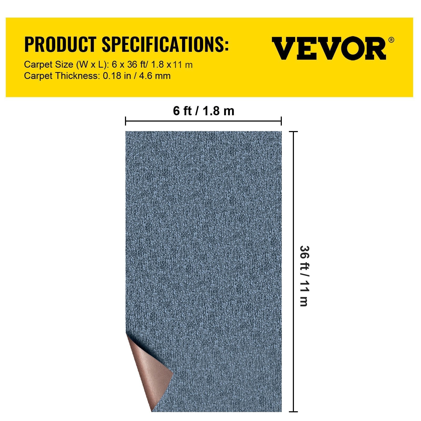 VEVOR Gray Marine Carpet 6 ft x 36 ft, Boat Carpet Rugs, Indoor Outdoor Rugs for Patio Deck Anti-Slide TPR Water-Proof Back Outdoor Marine Carpeting Outdoor Carpet 